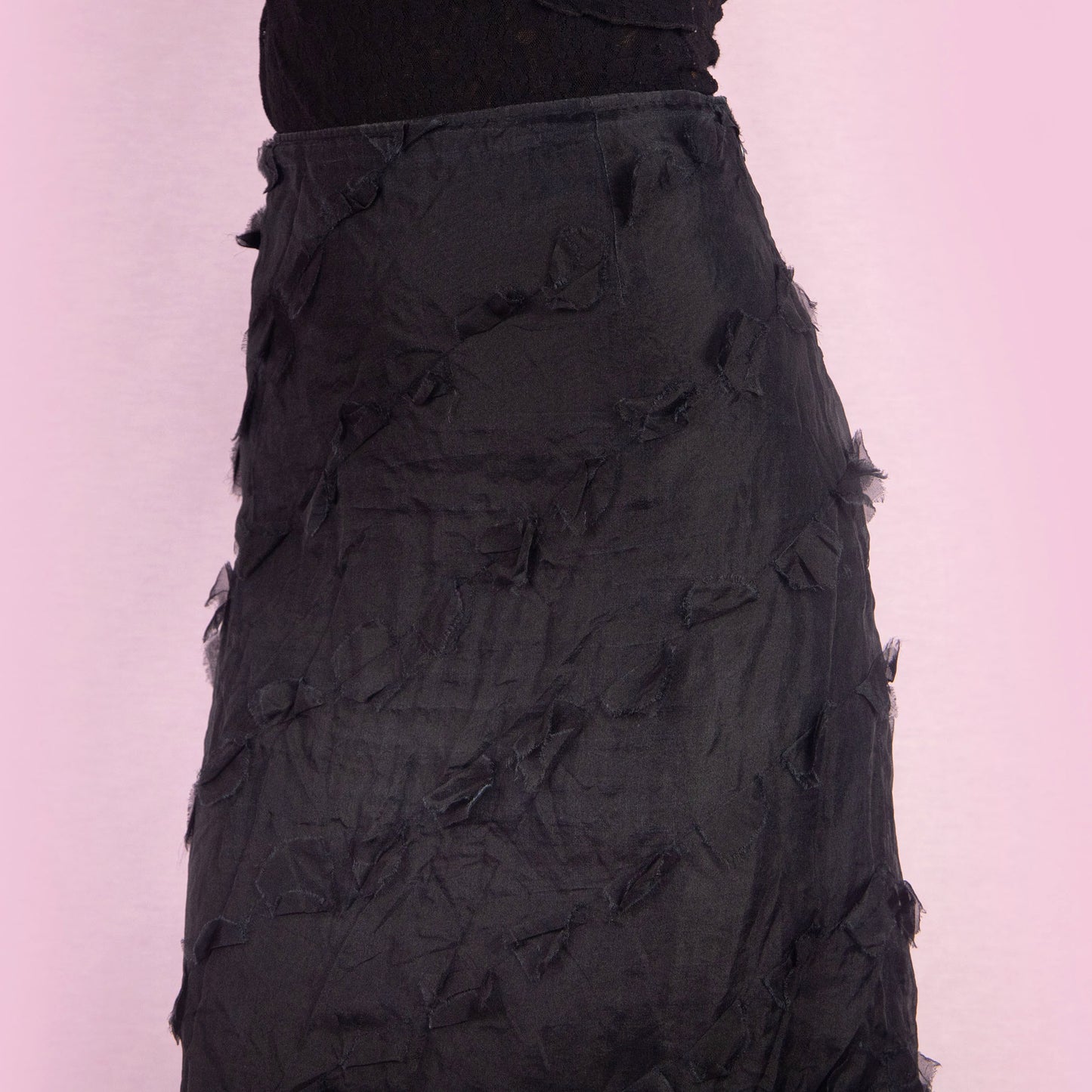 Vintage Y2K Sheer Appliqué Black Midi Skirt – Size L