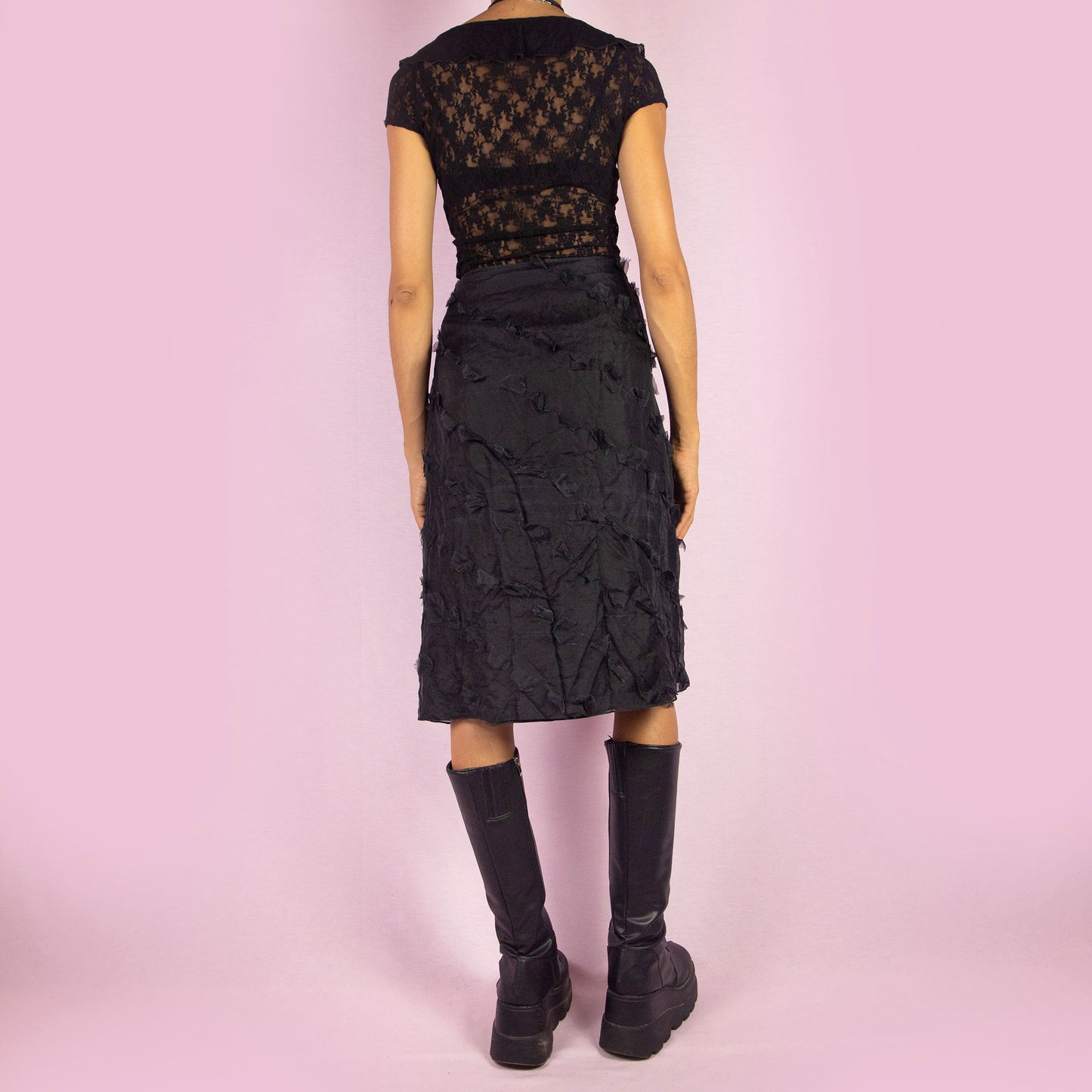 Vintage Y2K Sheer Appliqué Black Midi Skirt – Size L