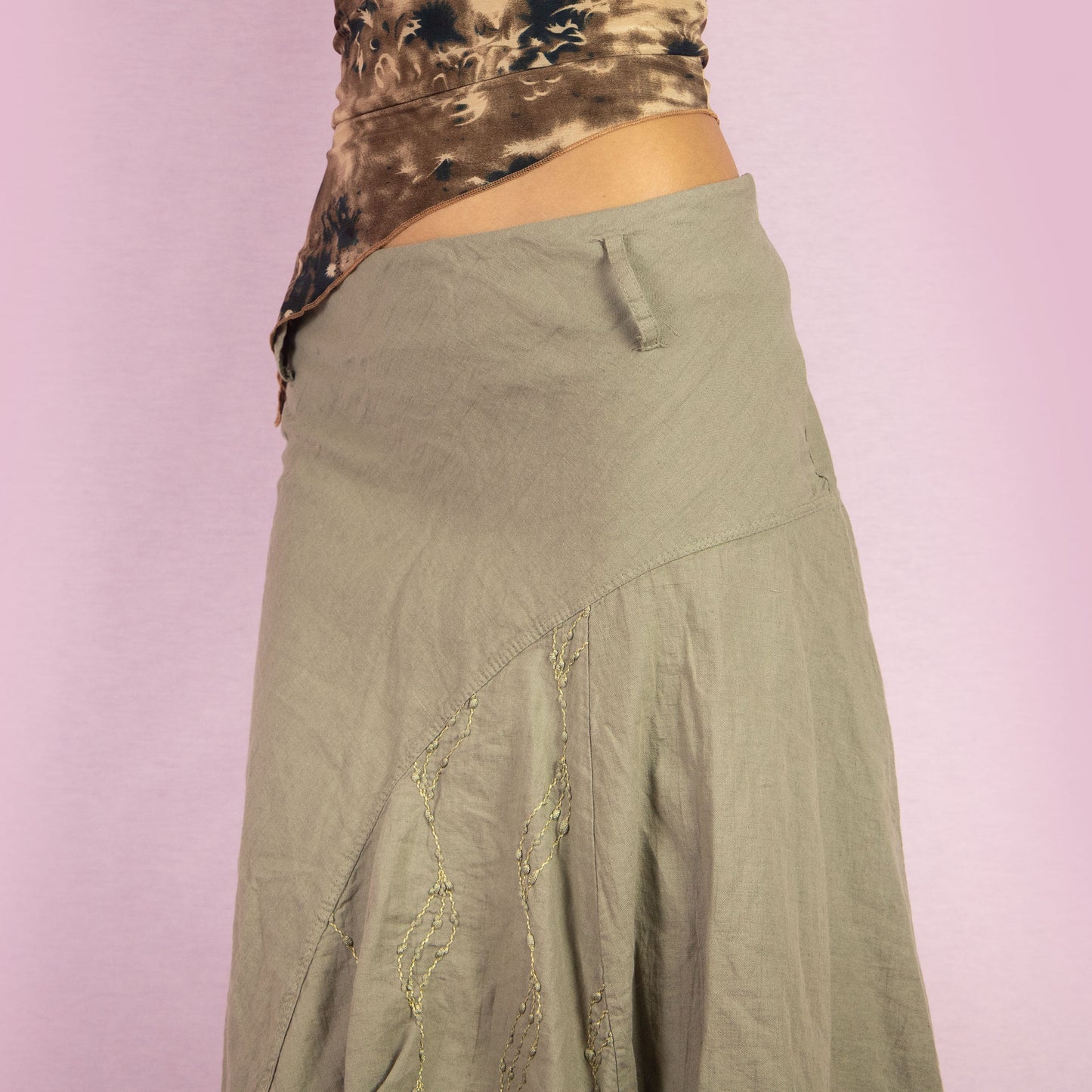 Vintage Y2K Khaki Flared Trumpet Midi Skirt - Size L