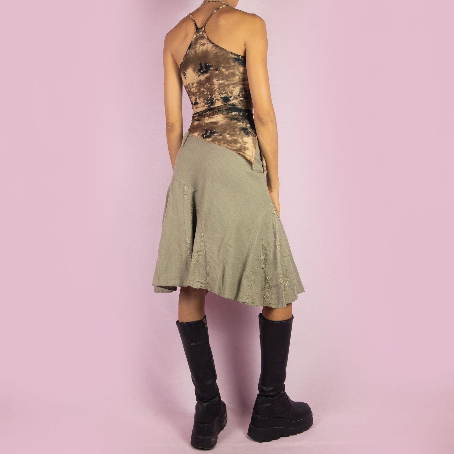 Vintage Y2K Khaki Flared Trumpet Midi Skirt - Size L