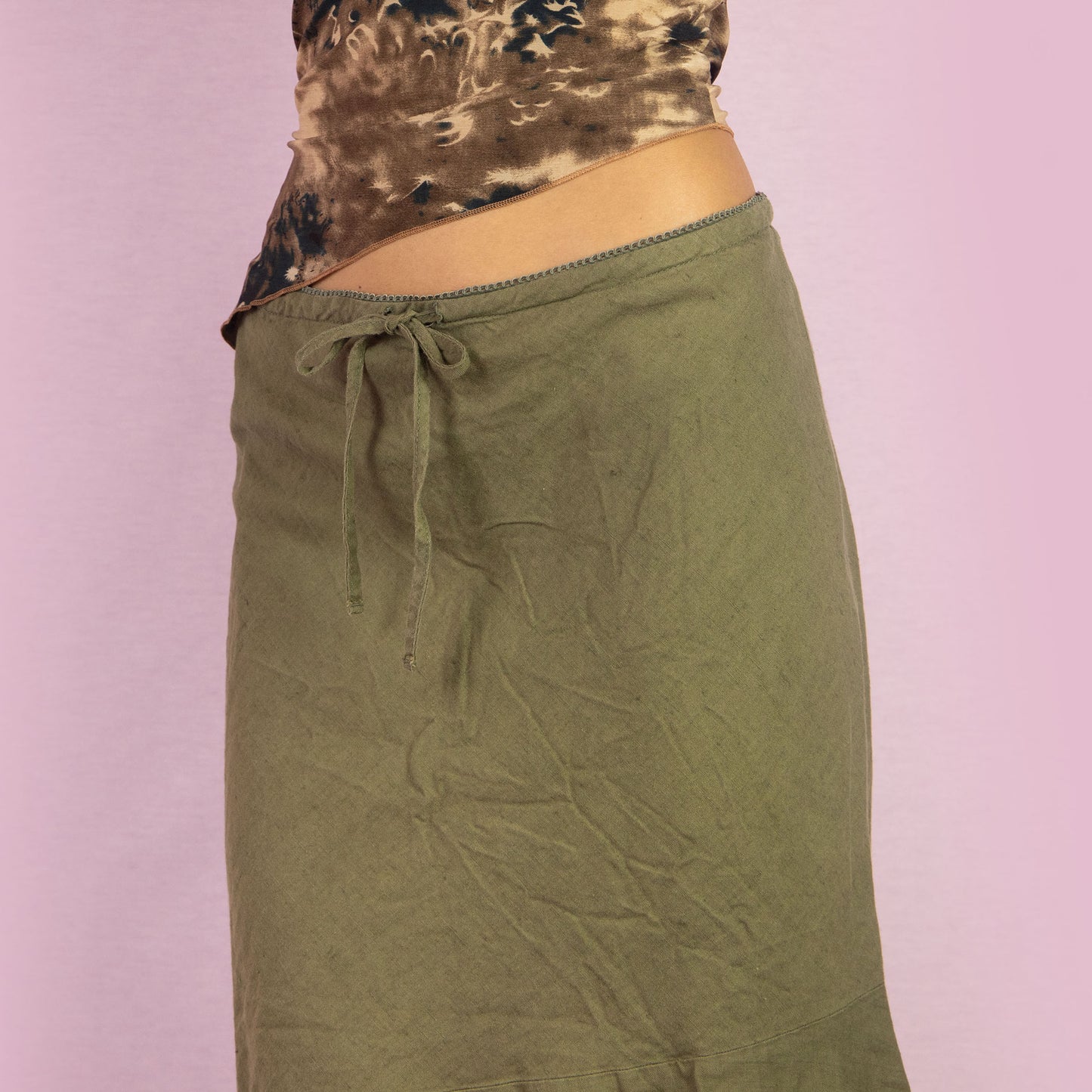 Vintage Y2K Khaki Ruffle Hem Midi Skirt – Size M
