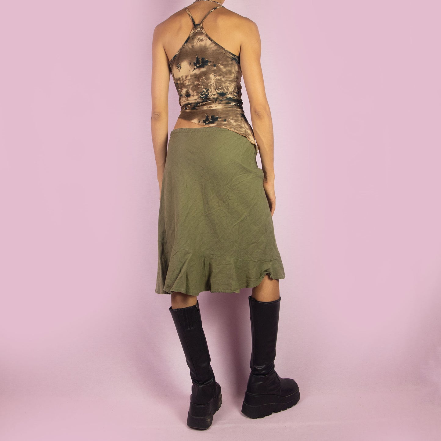 Vintage Y2K Khaki Ruffle Hem Midi Skirt – Size M