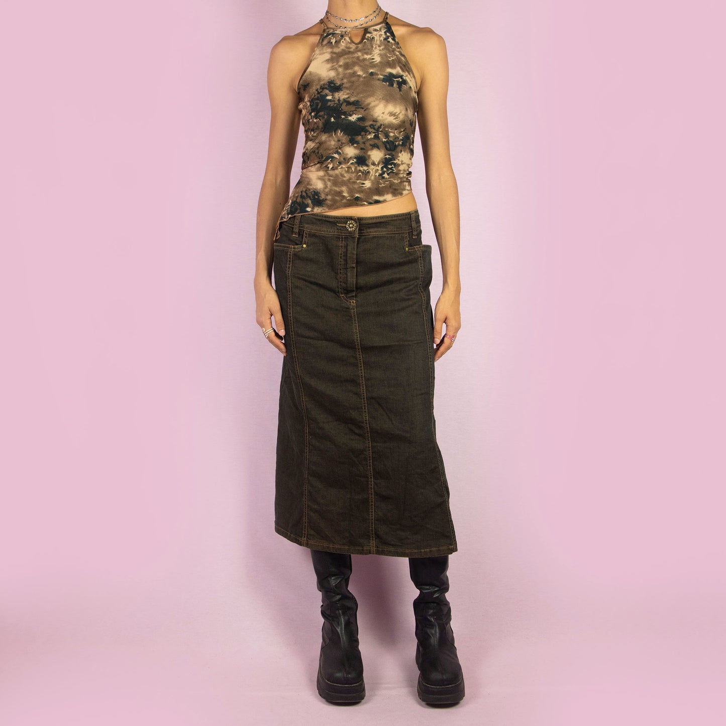 Vintage Y2K Dark Denim Flare Midi Skirt - Size L