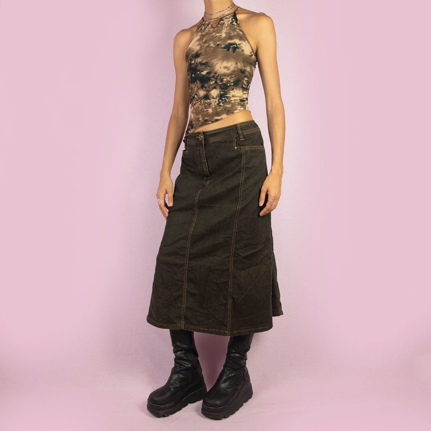 Vintage Y2K Dark Denim Flare Midi Skirt - Size L