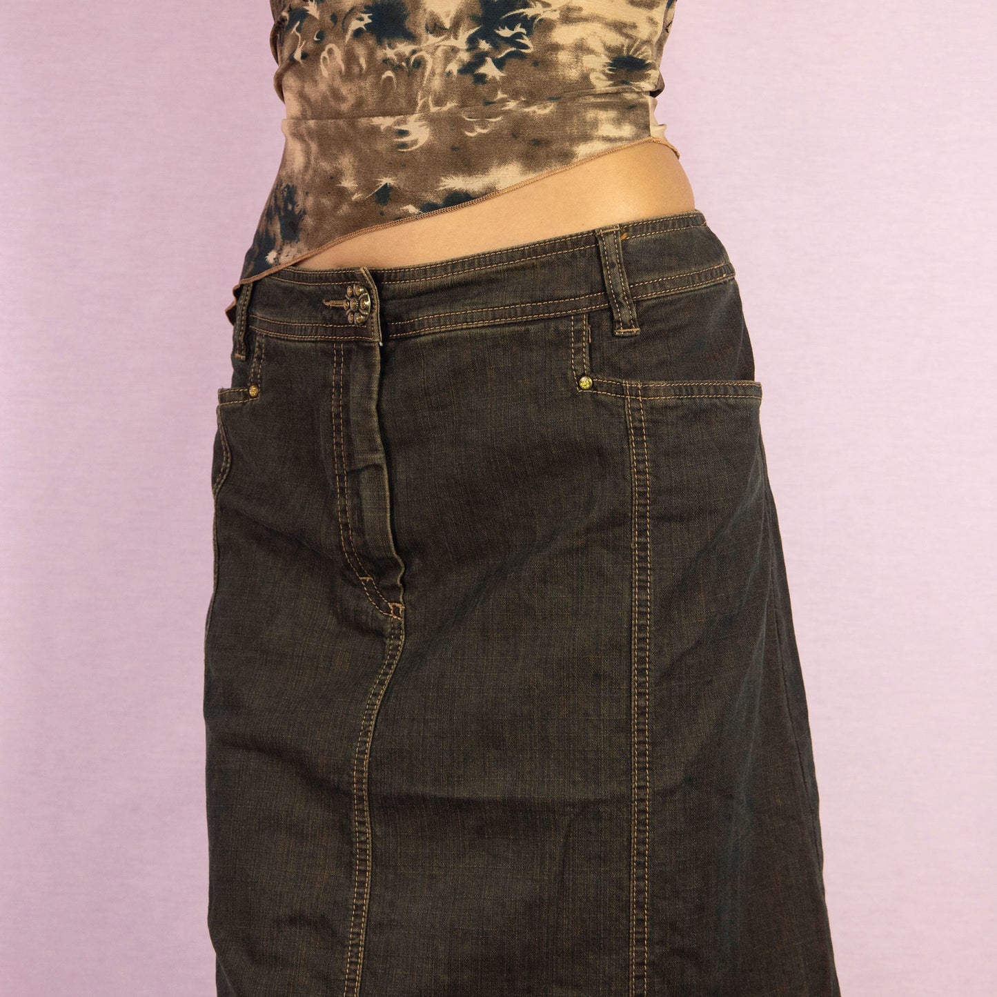 Vintage Y2K Dark Denim Flare Midi Skirt - Size L