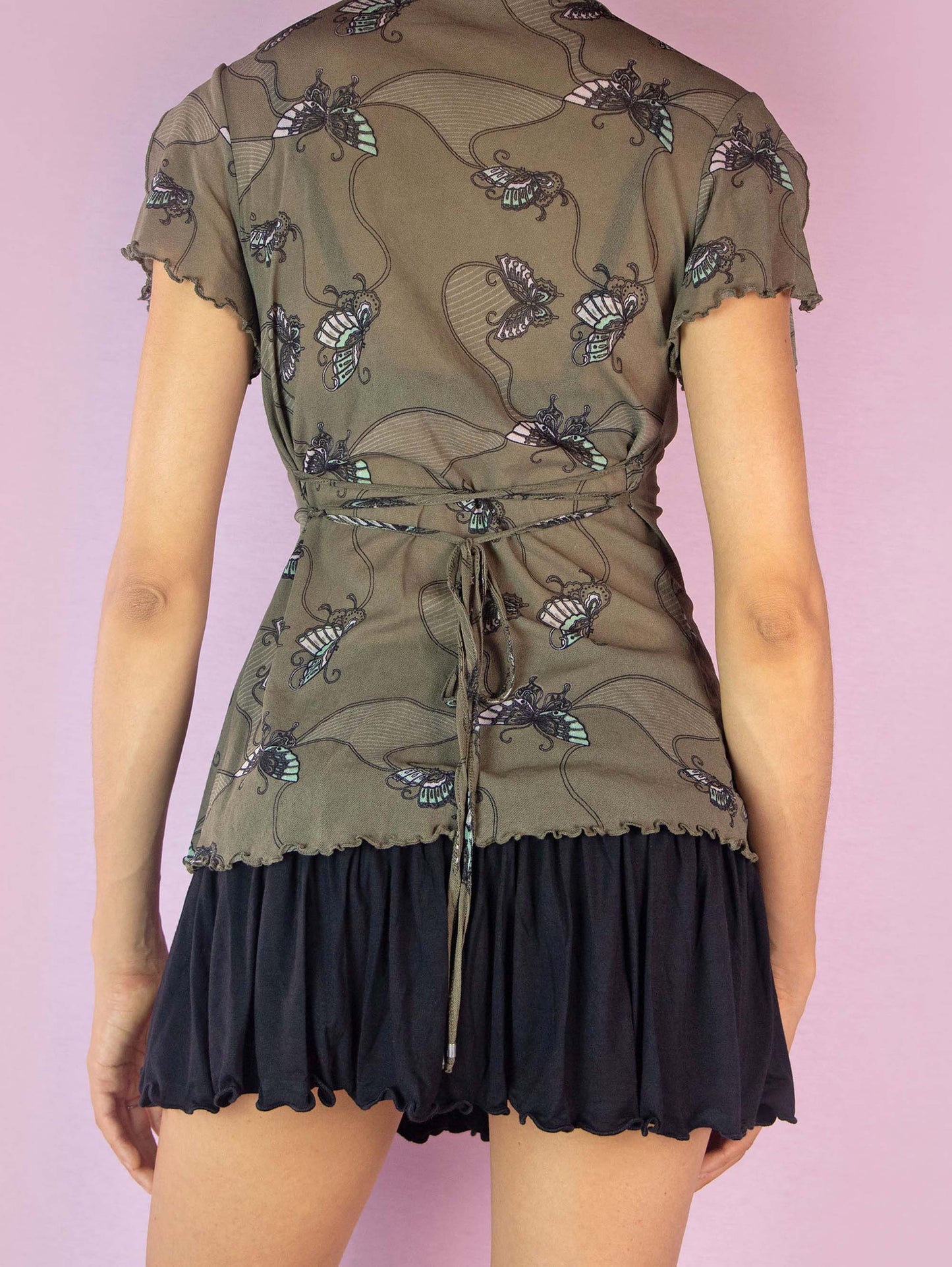Y2K Khaki Green Mesh Top - L