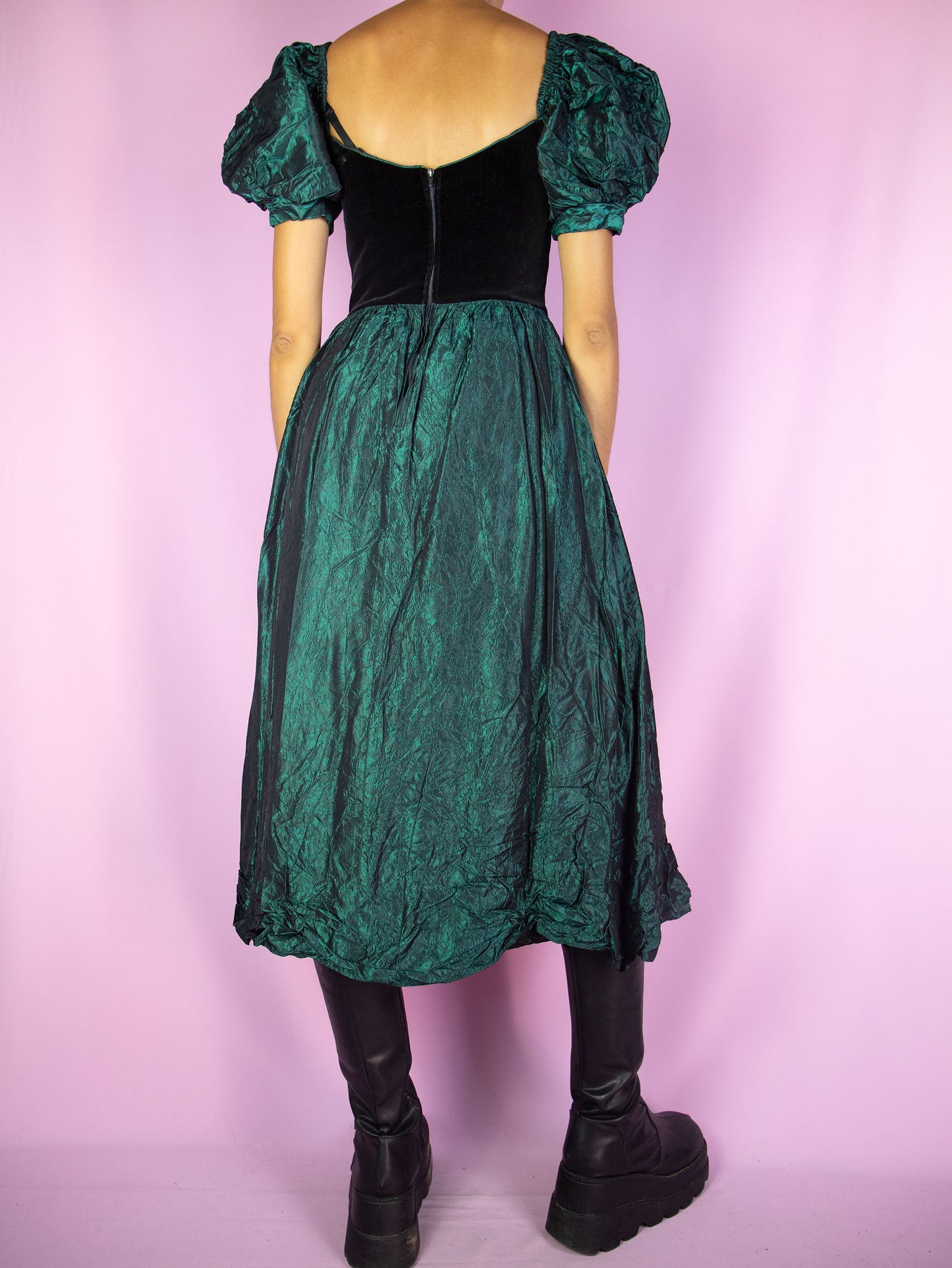 Vintage 90s Green Puff Sleeve Midi Dress - Size XS