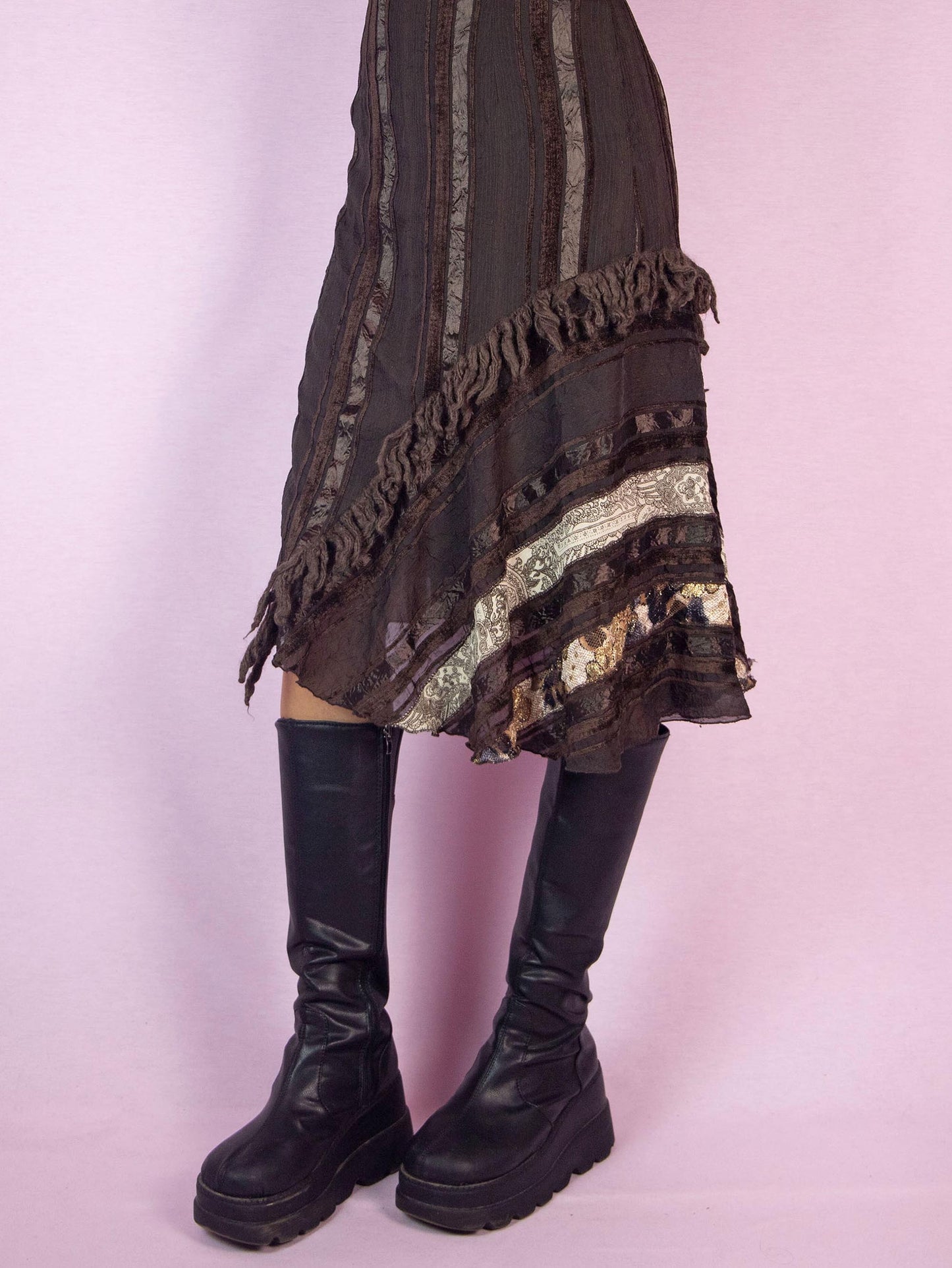 Vintage Y2K Brown Asymmetric Midi Dress – Size S