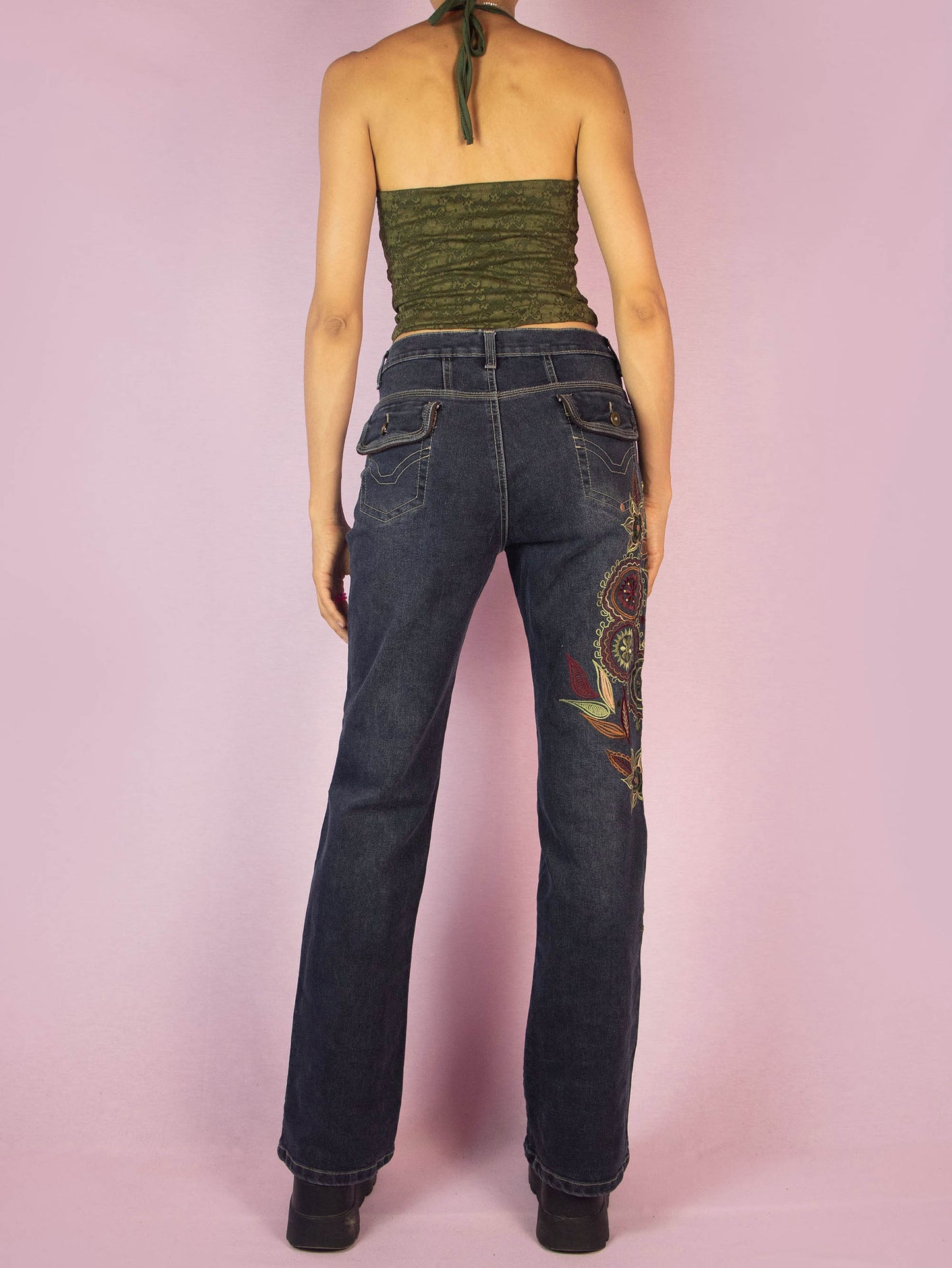 Y2K Floral Embroidered Jeans - M