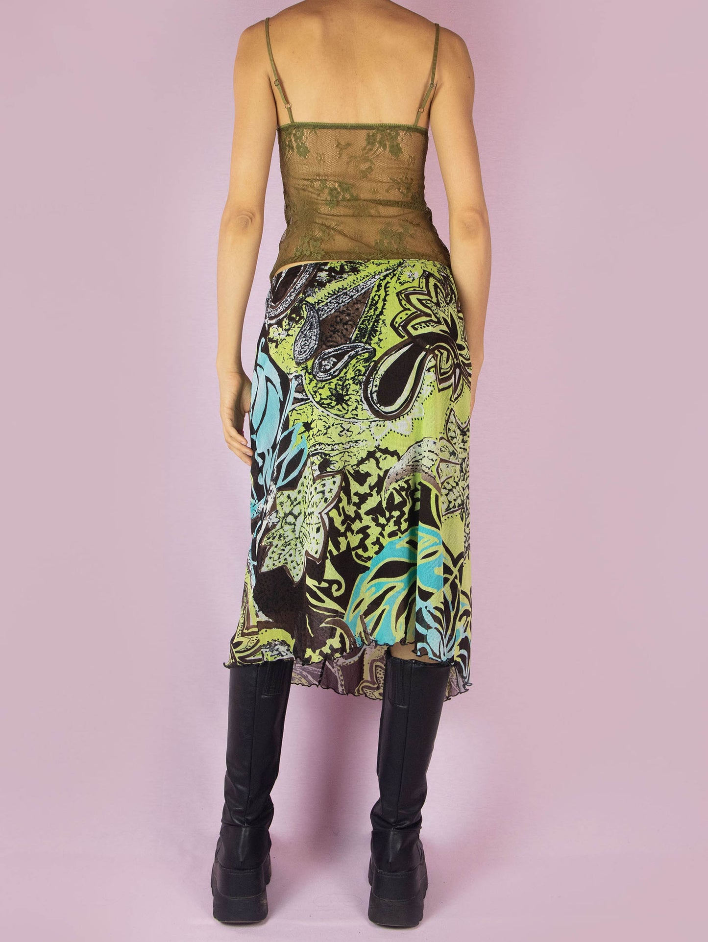 Vintage Y2K Mesh Midi Skirt, Asymmetric Tropical Sheer – Size L