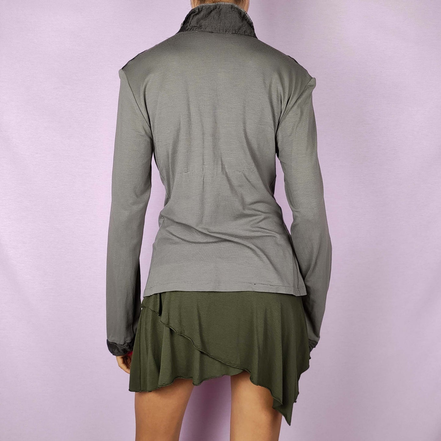 Vintage Y2K Khaki Ruffle Crinkled Tie Front Top – Size M