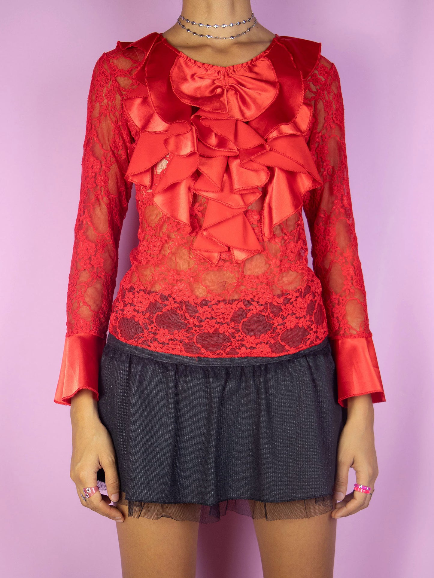 The Y2K Red Ruffle Lace Top is a vintage 2000s romantic avant garde party style bell sleeve semi-sheer mesh blouse.