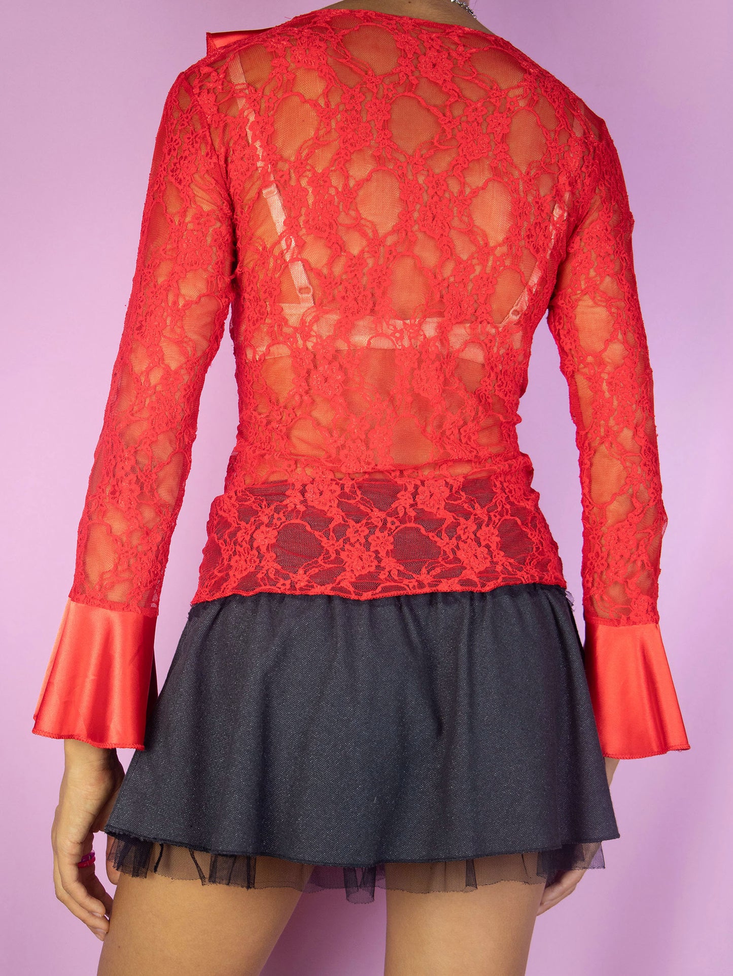 Vintage Y2K Red Lace Top, Ruffle Mesh Bell Sleeve Romantic – Size S