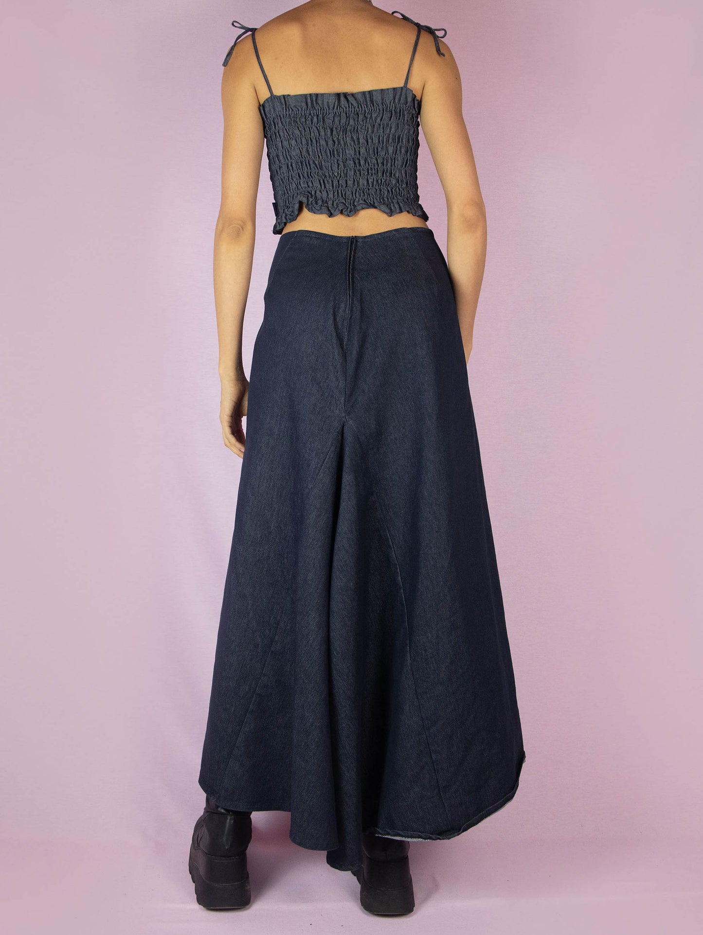 Vintage Y2K Denim Maxi Skirt, Dark Wash Asymmetric – Size S