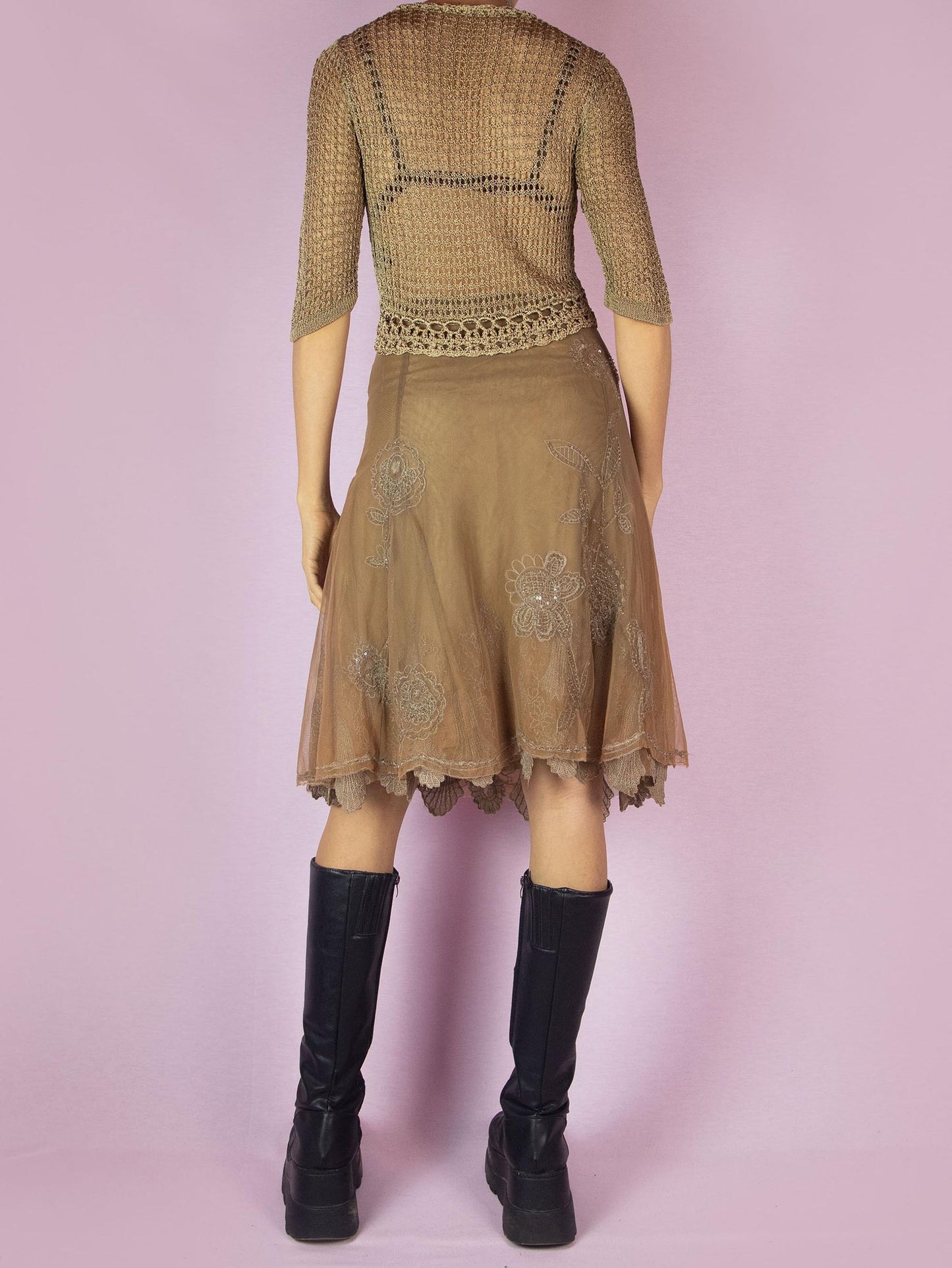 Vintage Y2K Brown Midi Skirt, Mesh Tulle Beaded Embroidered Godet – Size M