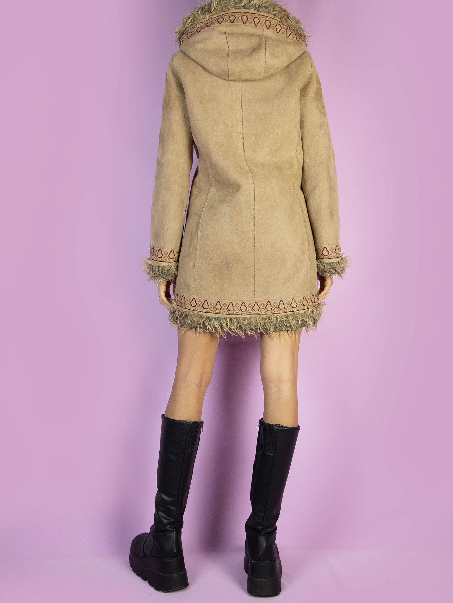 Vintage Y2K Afghan Coat, Beige Faux Suede Hooded Penny Lane – Size XXS
