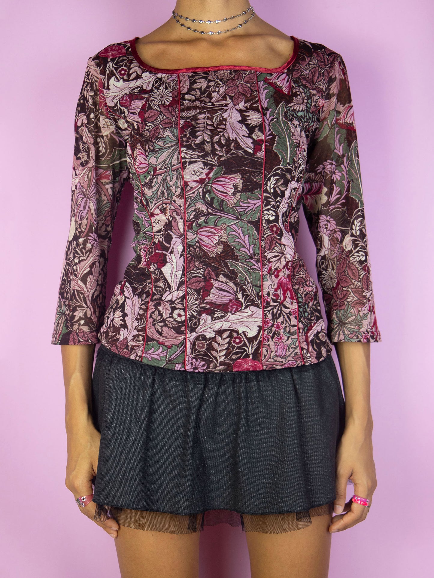 The Vintage Y2K Maroon Floral Mesh Top is a semi-sheer mesh multicolored maroon three-quarter sleeve t-shirt with floral print and square neck. Lovely fairy grunge cottage blouse circa 2000's.
