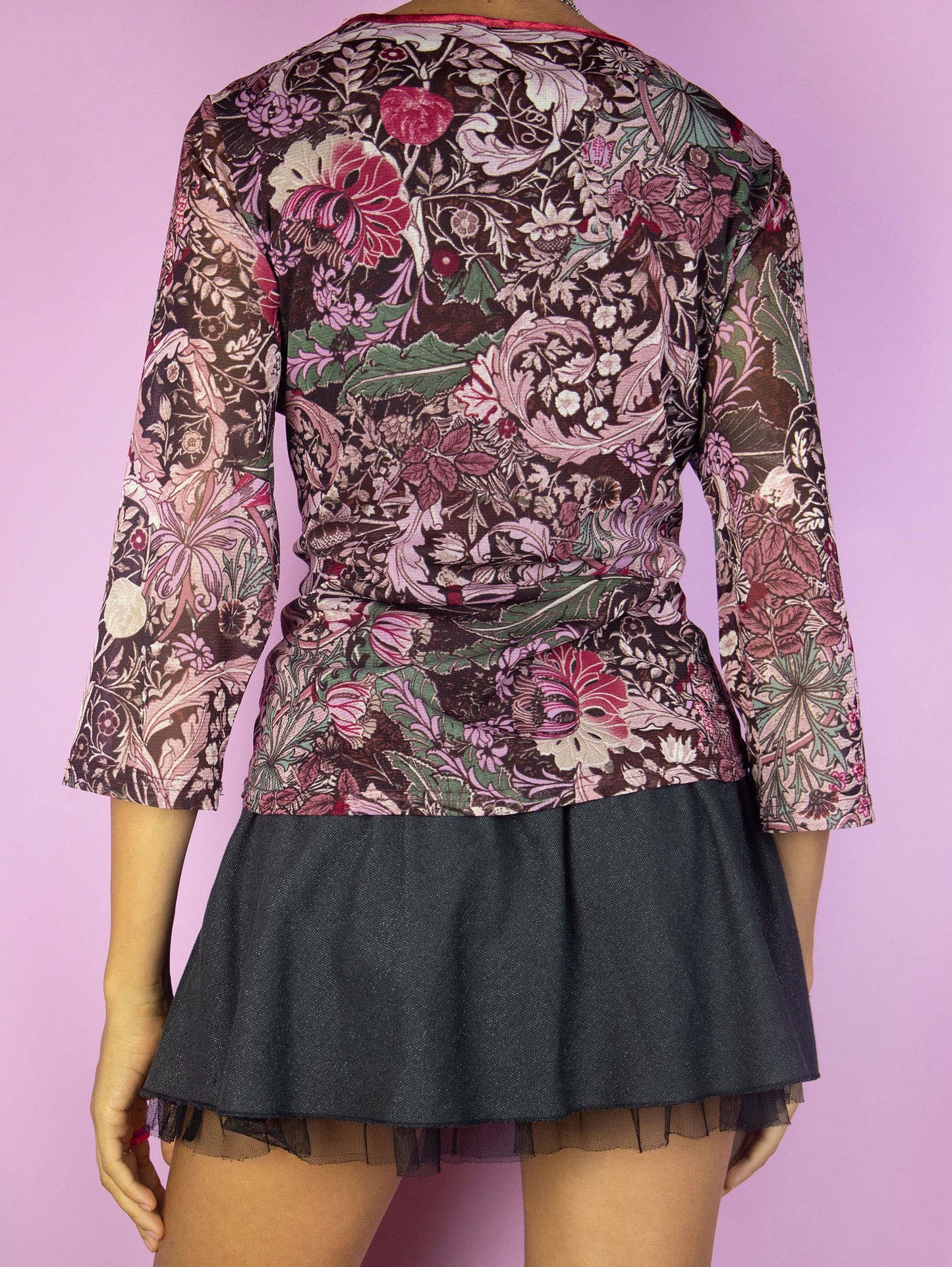 Vintage Y2K Maroon Floral Mesh Top - L