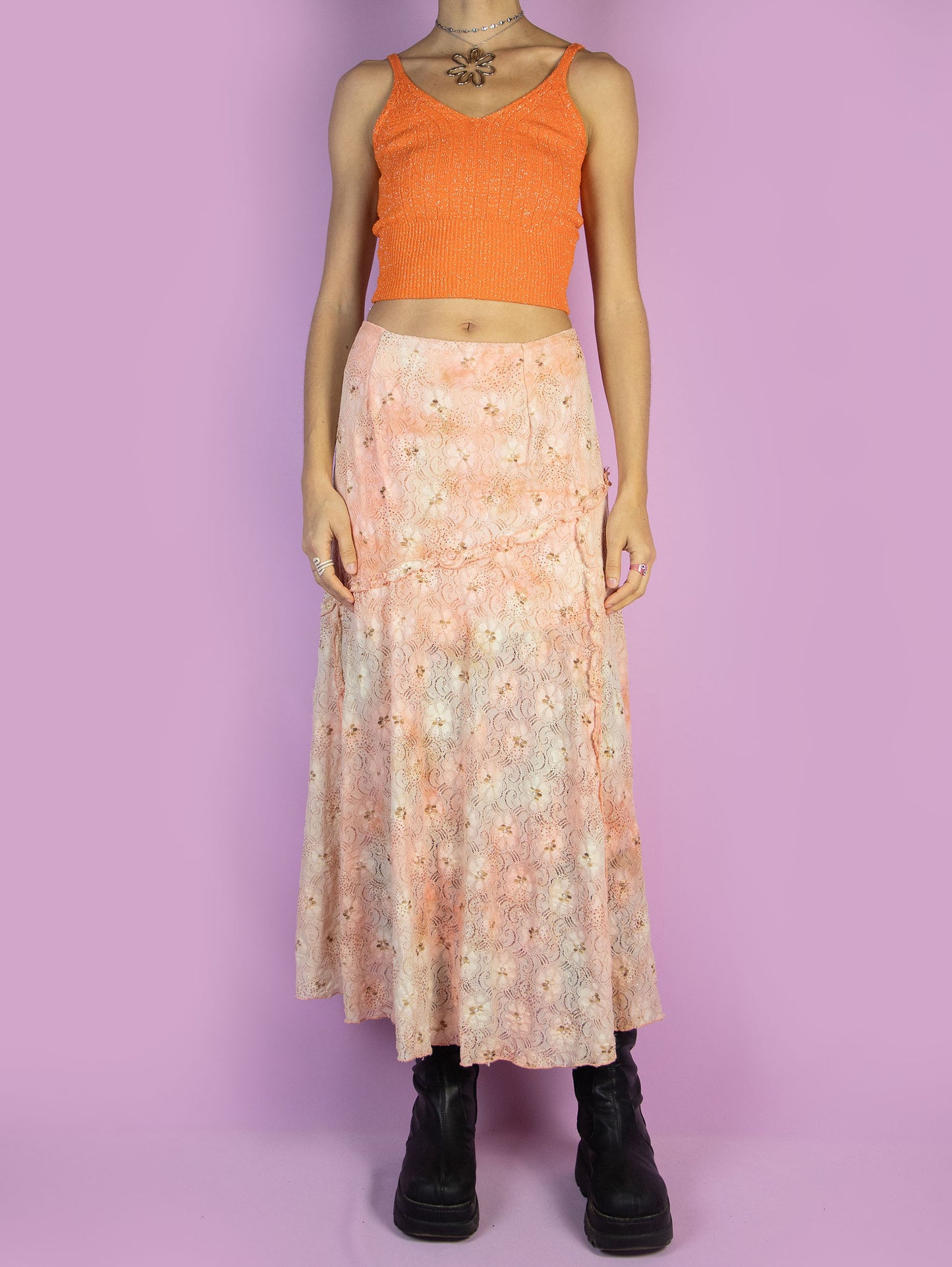 The Vintage 90s Fairy Lace Midi Skirt is a romantic summer party style pastel light orange and beige floral pattern mesh maxi skirt with glitter and ruffle details and a side zipper closure. Made in Spain.