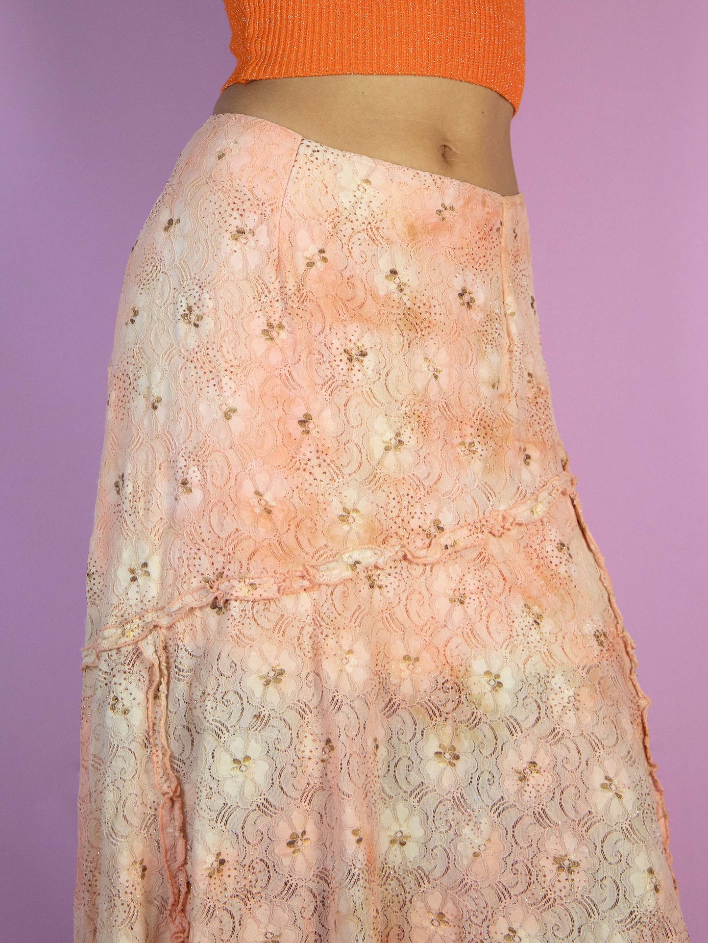 Vintage 90s Orange Lace Midi Skirt - Size XXL