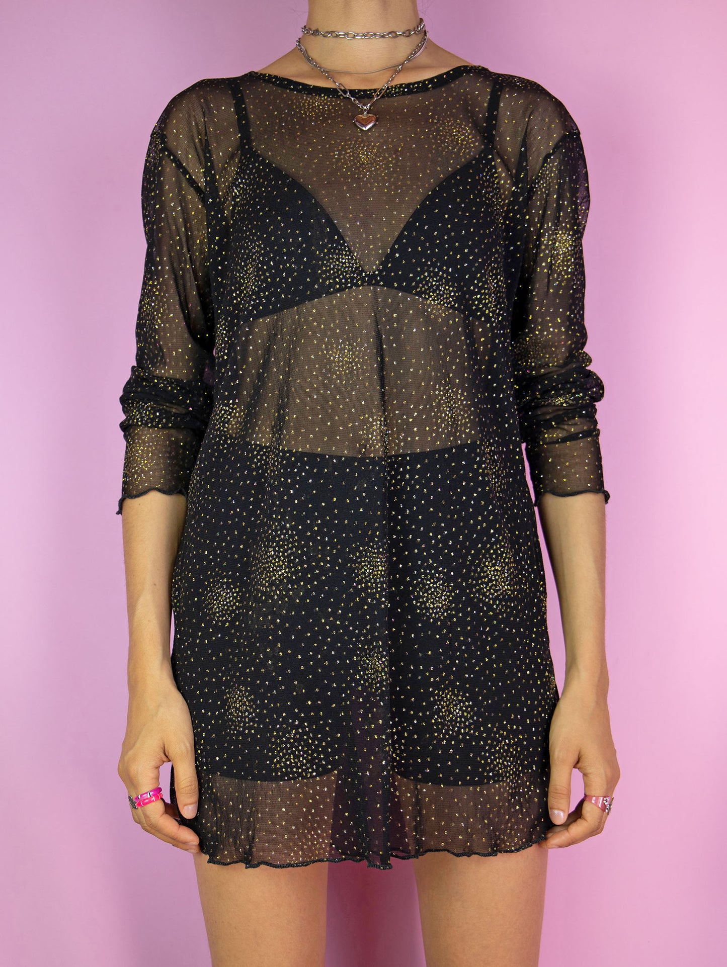 Vintage 90s Black Glitter Mesh Top - XL