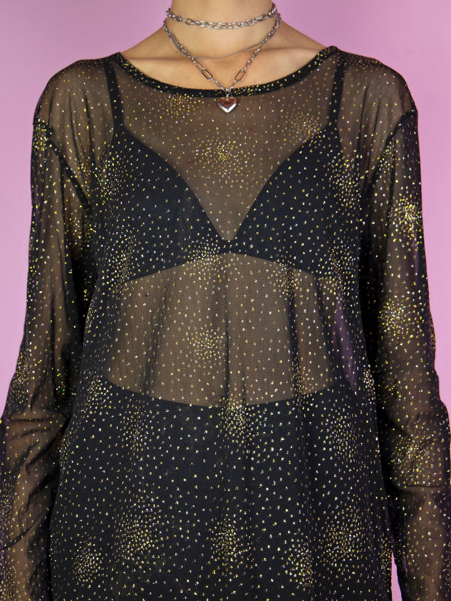 Vintage 90s Black Glitter Mesh Top - XL
