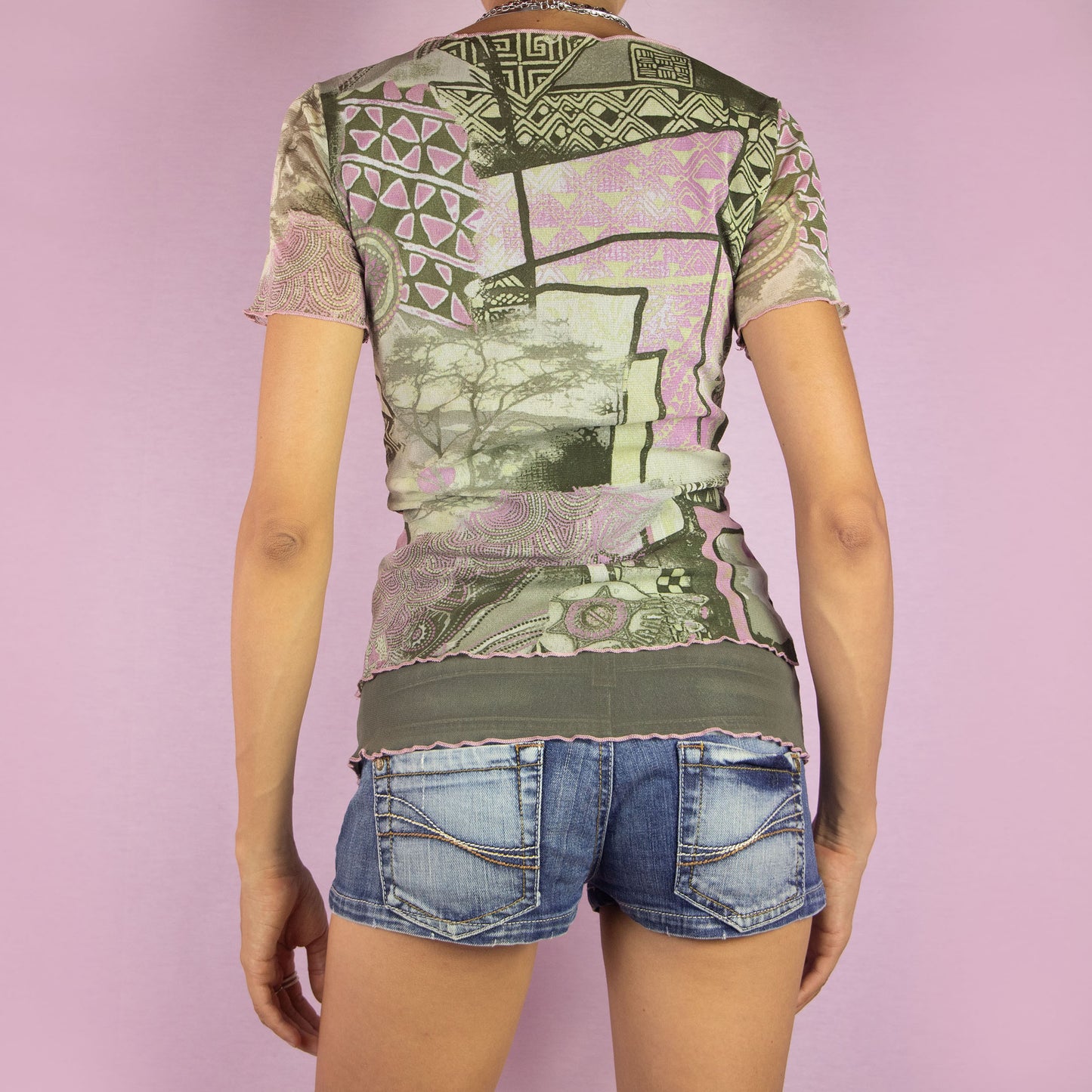 Vintage Y2K Khaki Green Abstract Print Mesh Top – Size M