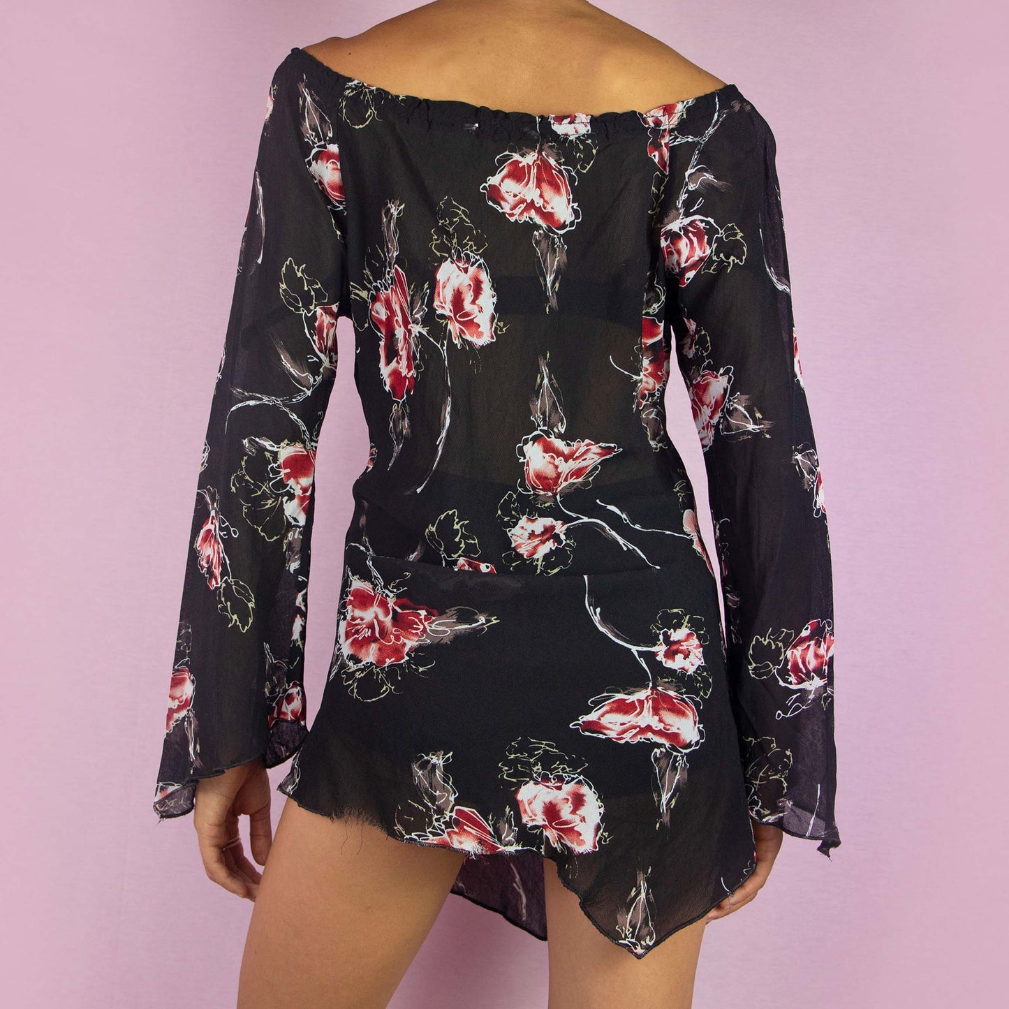 Vintage Y2K Black Floral Off Shoulder Sheer Asymmetric Blouse – Size L