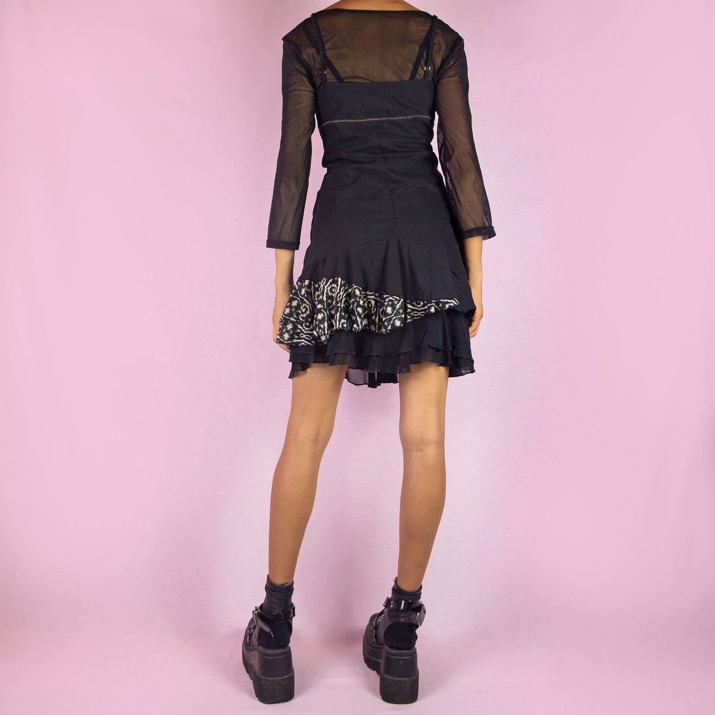 Vintage Y2K Black Lace Up Layered Mesh Mini Dress - Size L