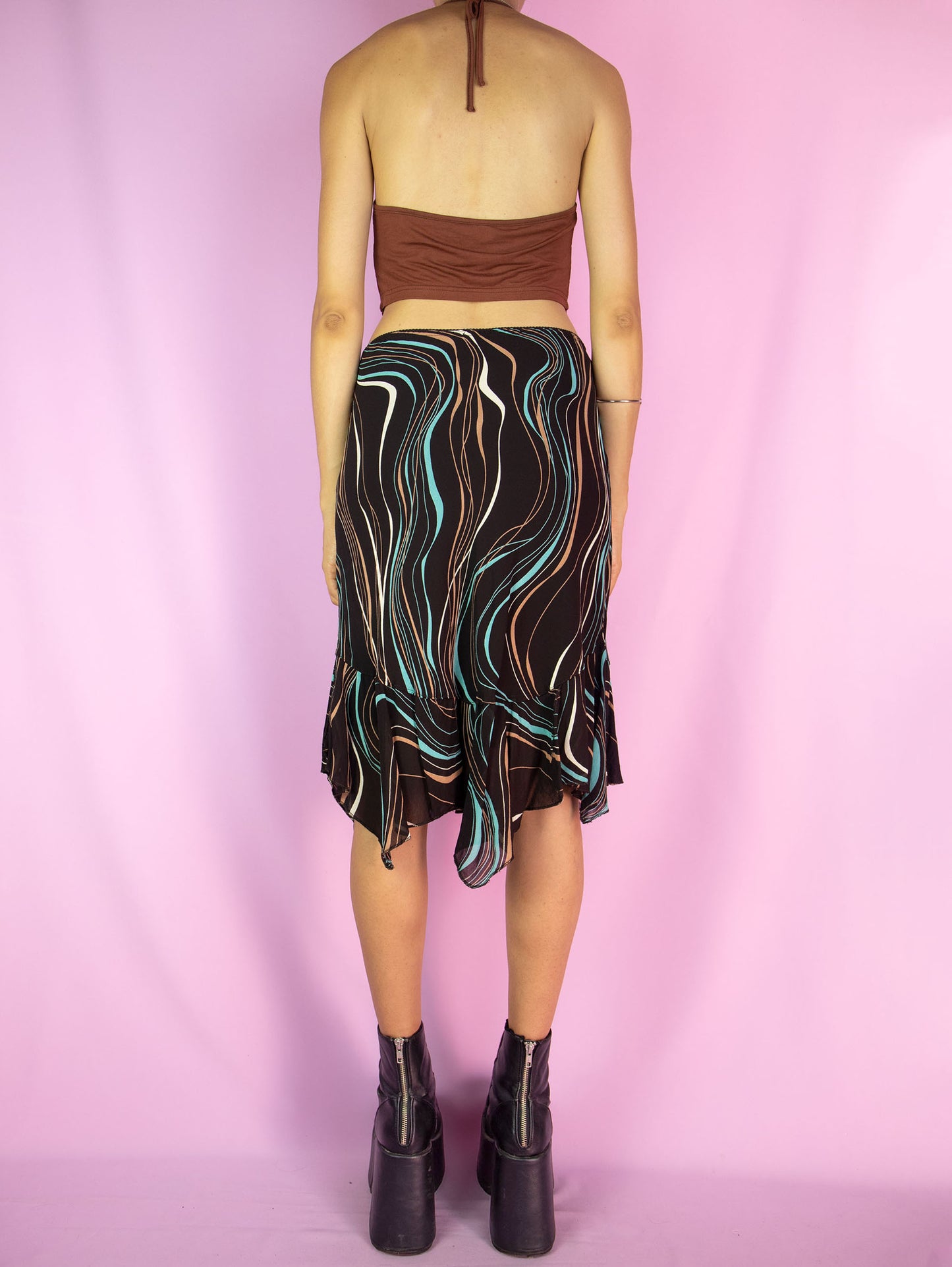 Vintage Y2K Brown Print Asymmetric Midi Skirt - Size M