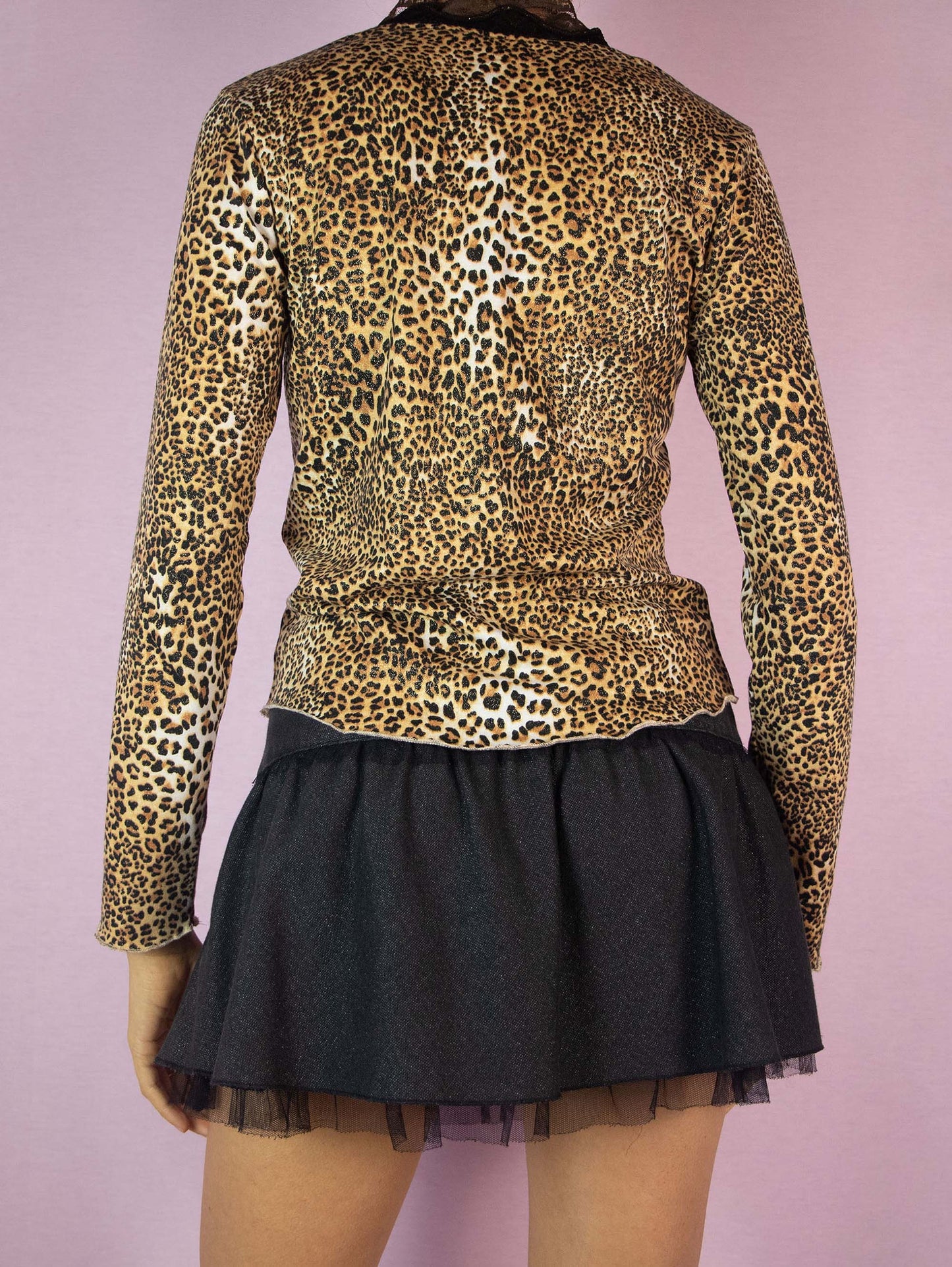 Vintage Y2K Leopard Animal Print Top, Long Sleeves - Size S
