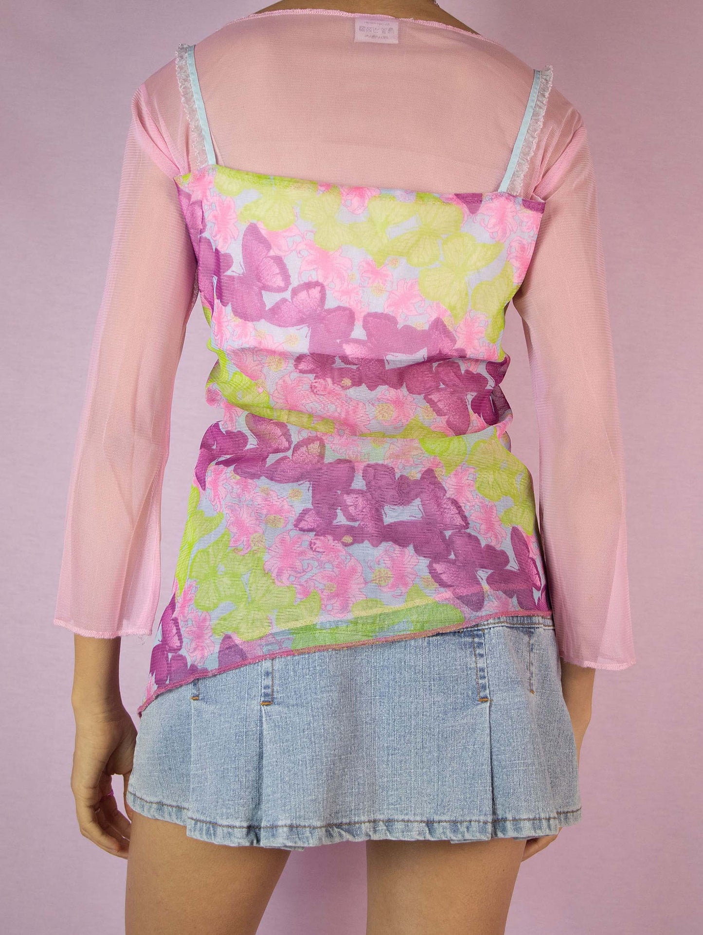 Vintage Y2K Pink Print Mesh Sheer Top - Size L