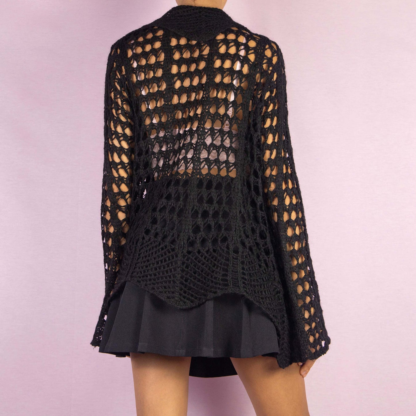 Vintage Y2K Black Ruffle Crochet Cardigan – Size L