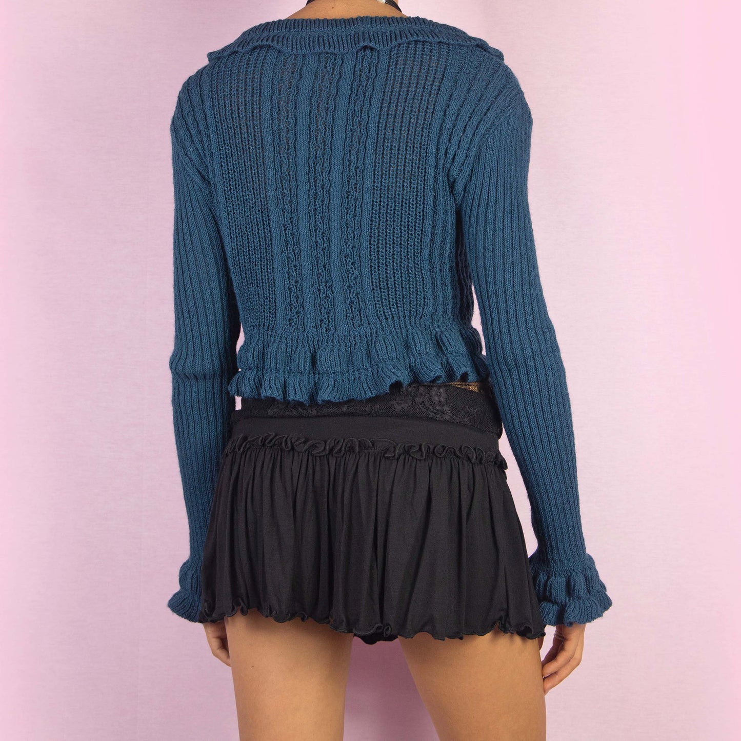 Vintage Y2K Blue Ruffle Cropped Cardigan – Size M