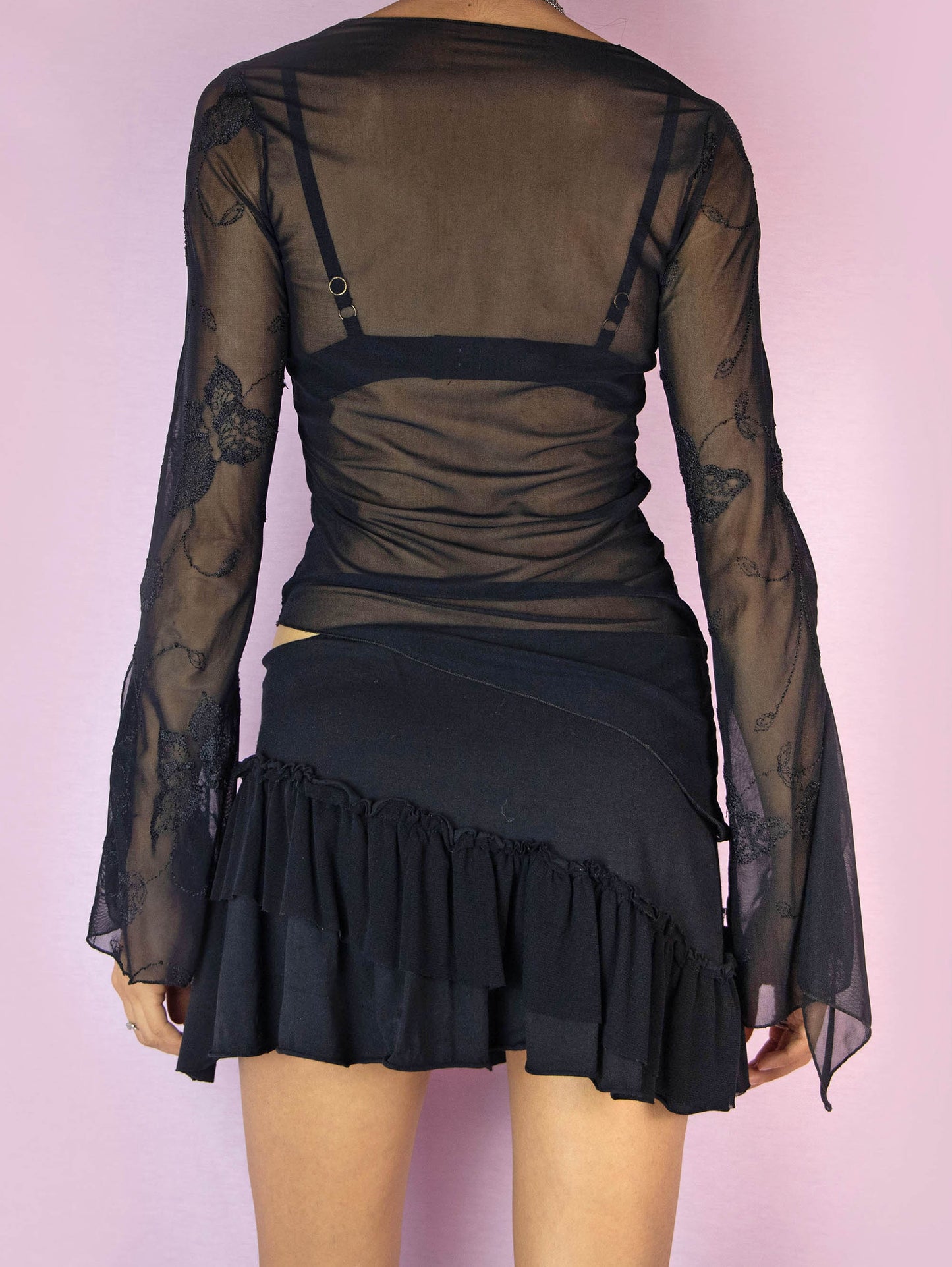 Vintage Y2K Black Mesh Asymmetric Top – Size S