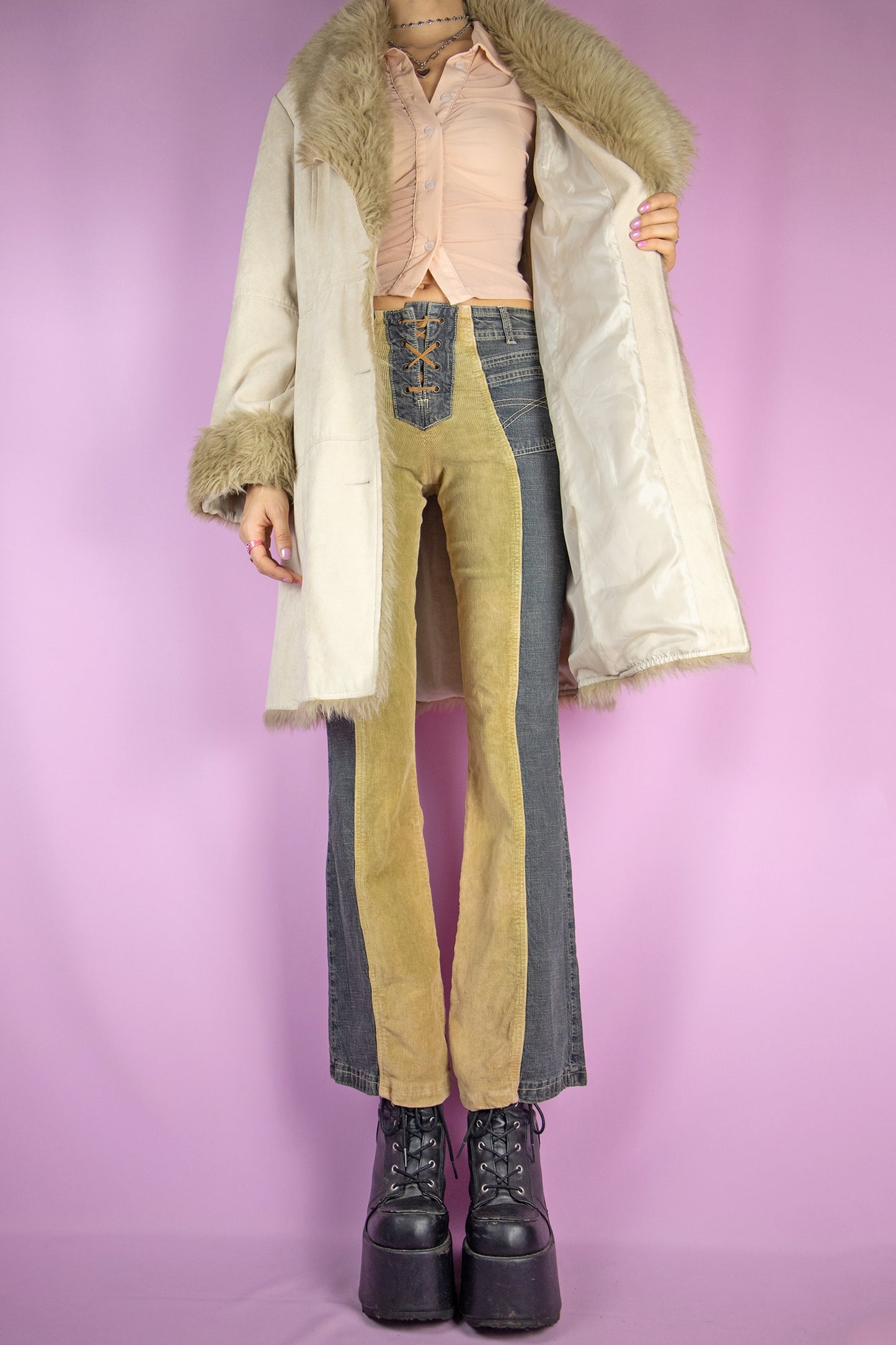 Vintage Y2K Beige Faux Fur Penny Lane Coat - Size M