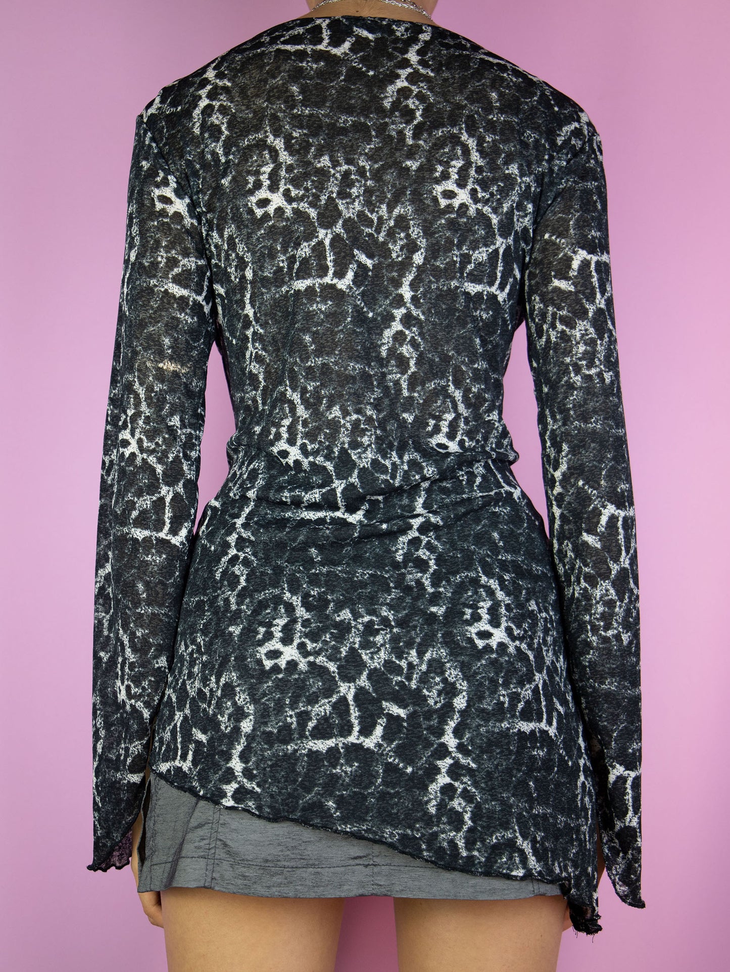 Vintage Y2K Leopard Animal Print Mesh Top, Asymmetric - Size L