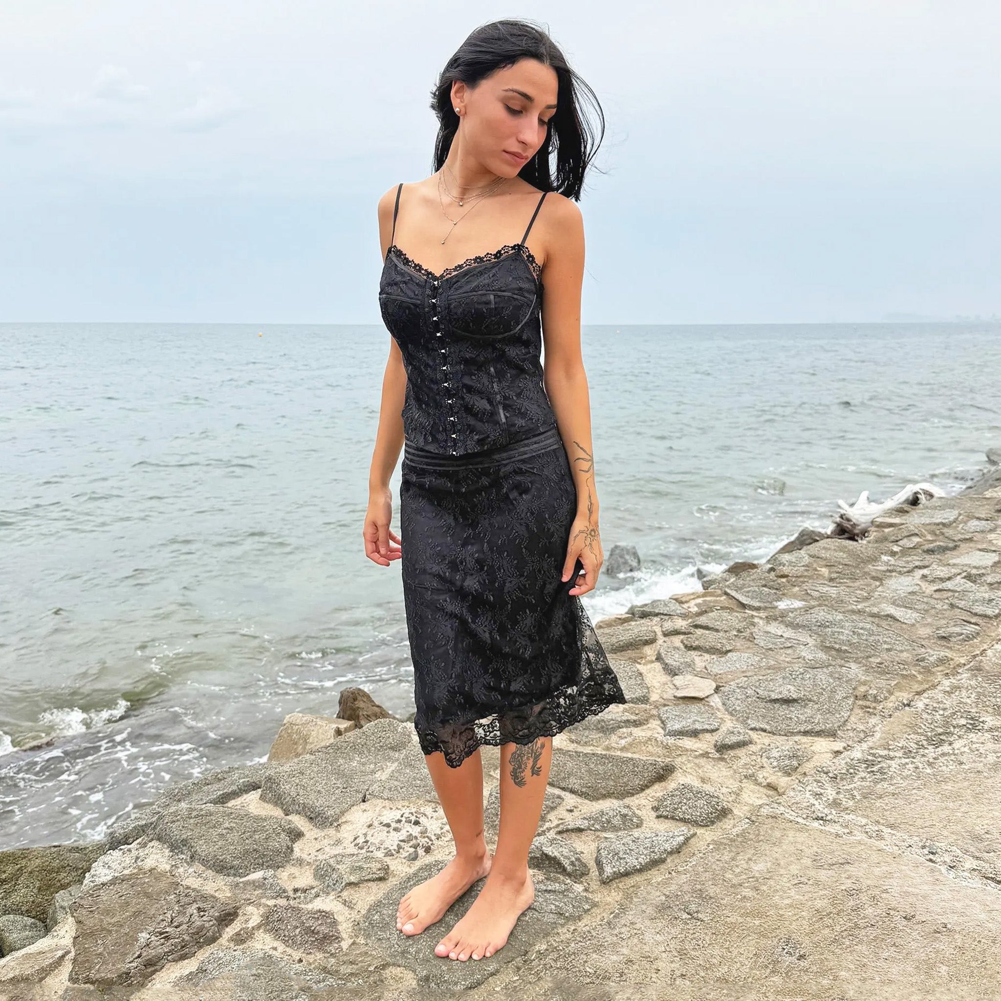 Vintage 90s Black Lace Corset Top Midi Skirt Set Size S Wanda Core Vintage 90s Black Lace Corset Top Midi Skirt Set Size S Wanda Core