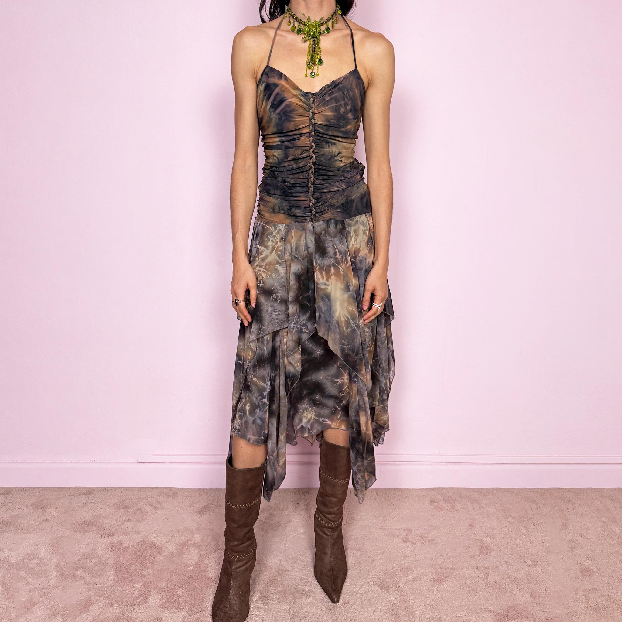 halter dress 2000s Vintage Tie Dye Ruched Asymmetric (L) – Wanda Core blue pleated dress Black Mermaid Prom Dress Style:55720