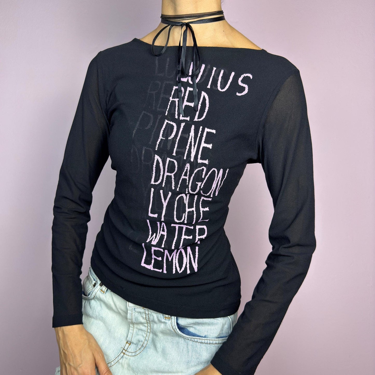 The Y2K Black Text Mesh Top is a vintage 2000s piece featuring a sheer mesh design with long sleeves, a scoop neckline and a words lettering print. Ideal for casual outfits. adult world shop