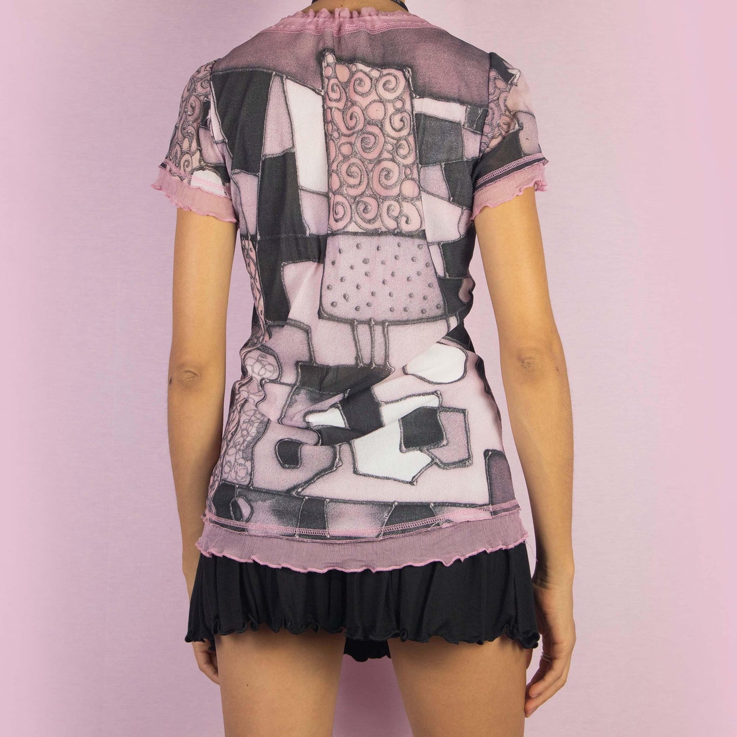 Vintage Y2K Pink Black Mesh Tie Side Sheer Top – Size XL