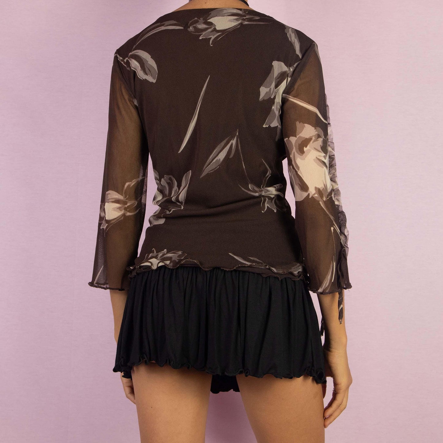 Vintage Y2K Brown Mesh Frill Ruffle Asymmetric Floral Top – Size L