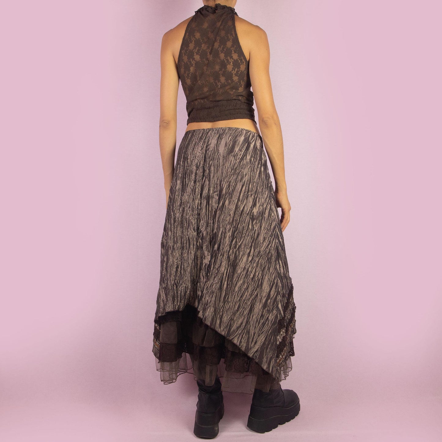 Vintage Y2K Brown Layered Crinkle Lace Mesh Midi Skirt – Size M