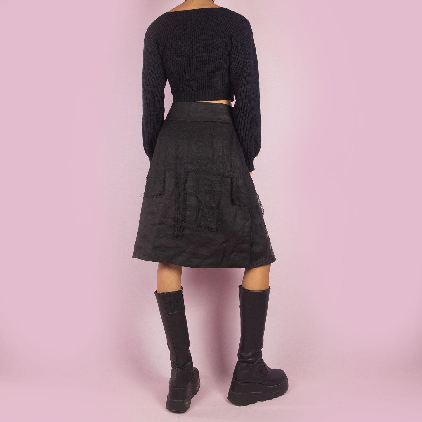 Vintage Y2K Black Layered Text Panel Midi Skirt – Size S