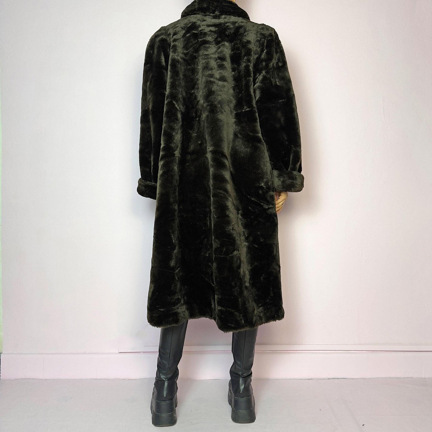 Vintage 90s Brown Faux Fur Maxi Long Coat - Size L