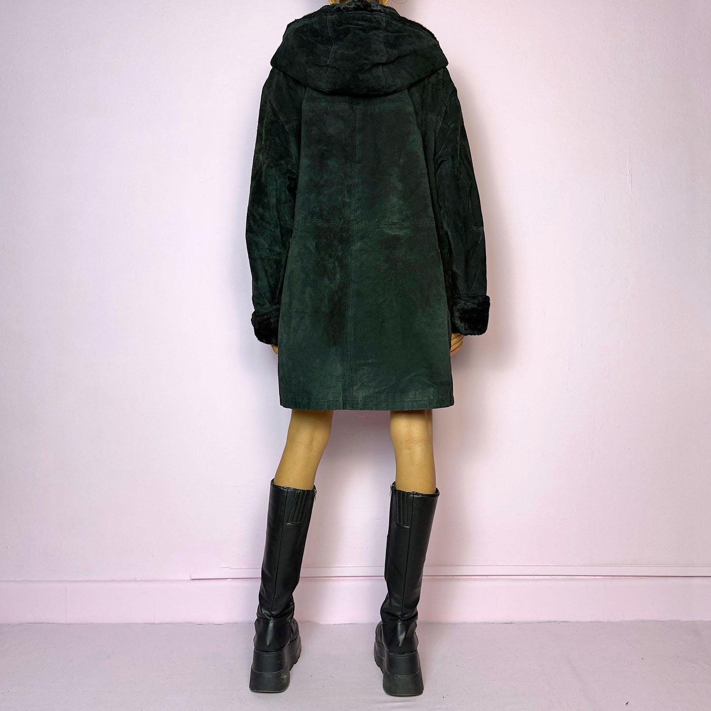 Vintage 90s Black Hooded Leather Coat - Size XL