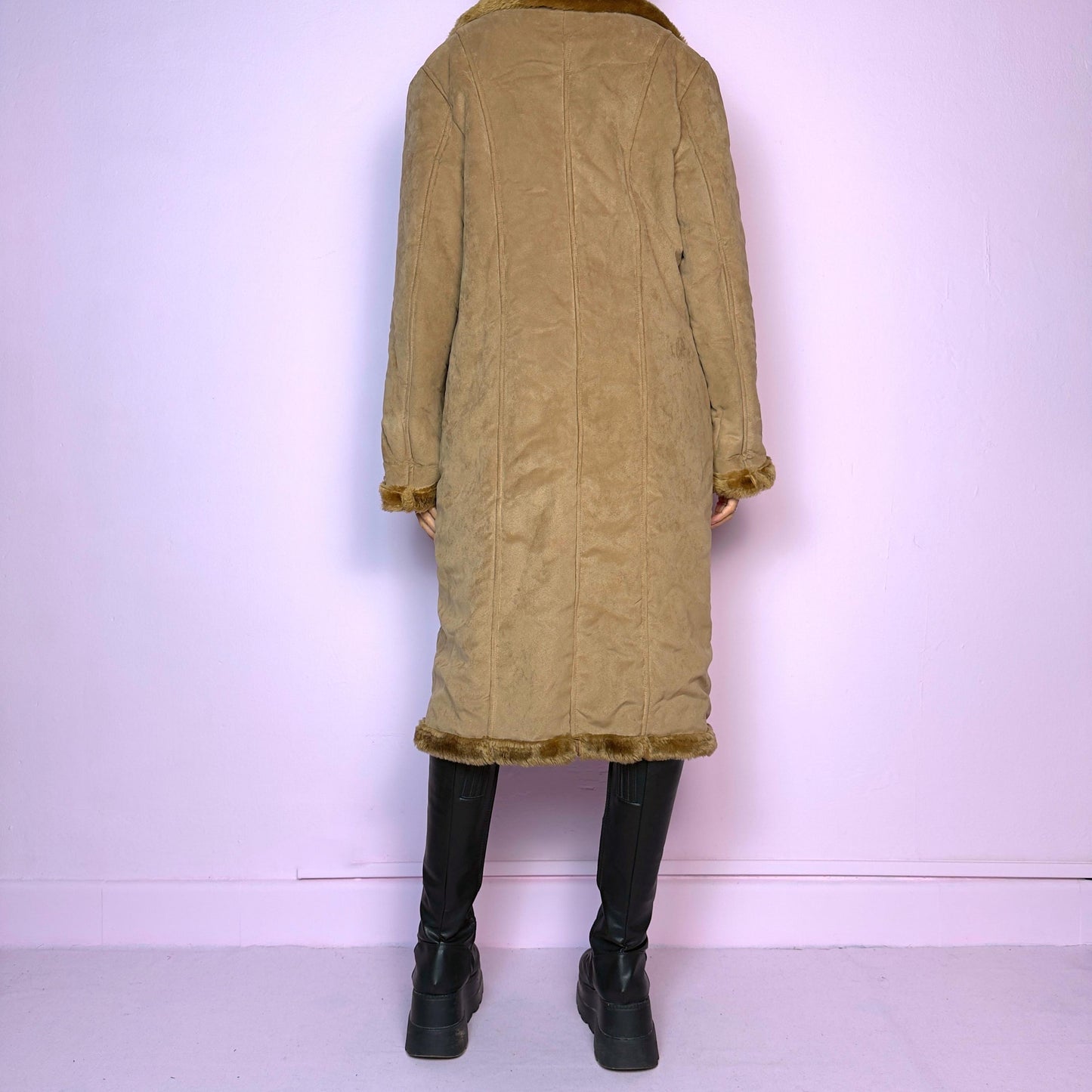 Vintage Y2K Camel Brown Faux Suede Fur Longline Coat – Size M