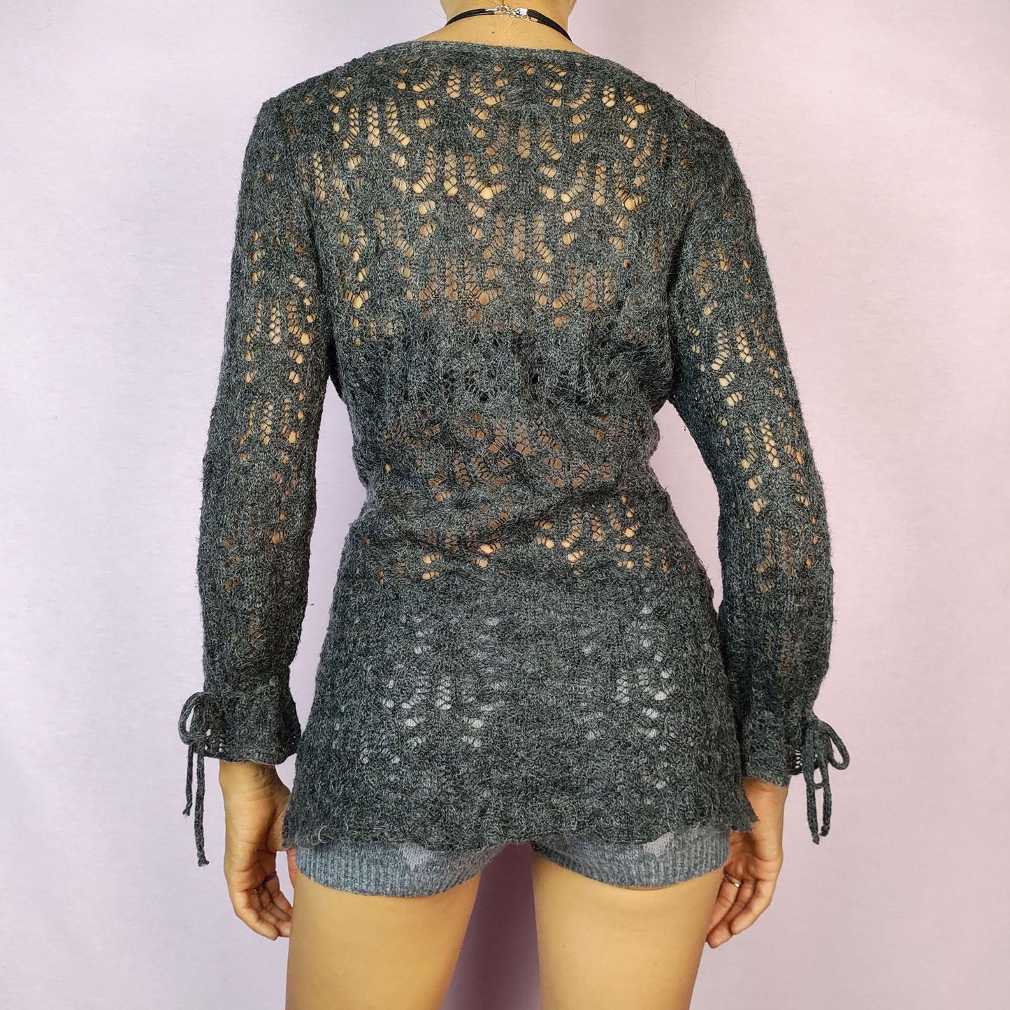 Vintage Y2K Gray Sheer Tie Front Sweater, Open Knit – Size M