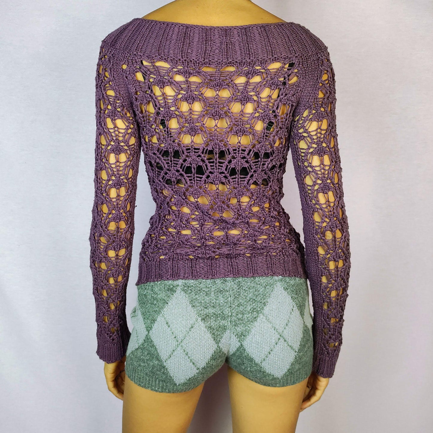 Vintage Y2K Purple Crochet Open Knit Sweater – Size XS