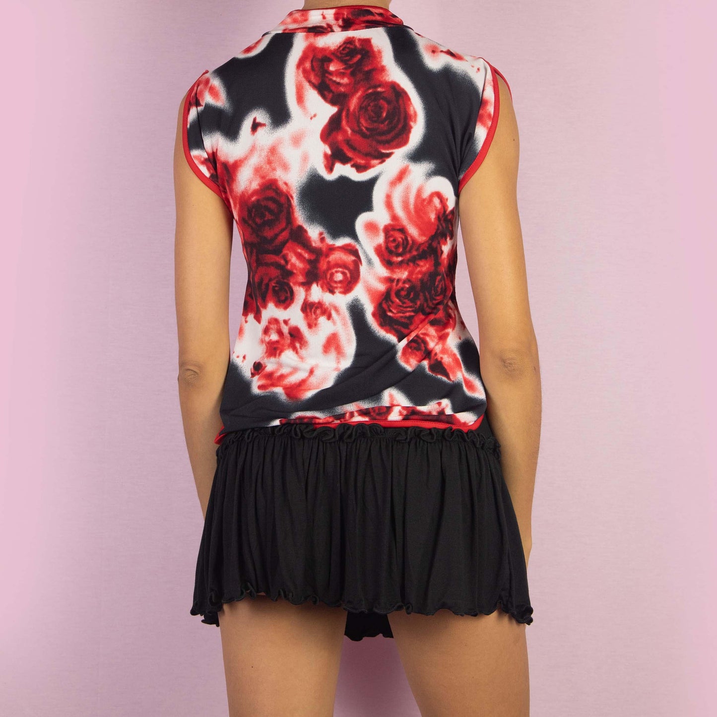 Vintage 90s Red Black Rose Print Frog Closure Top – Size XS